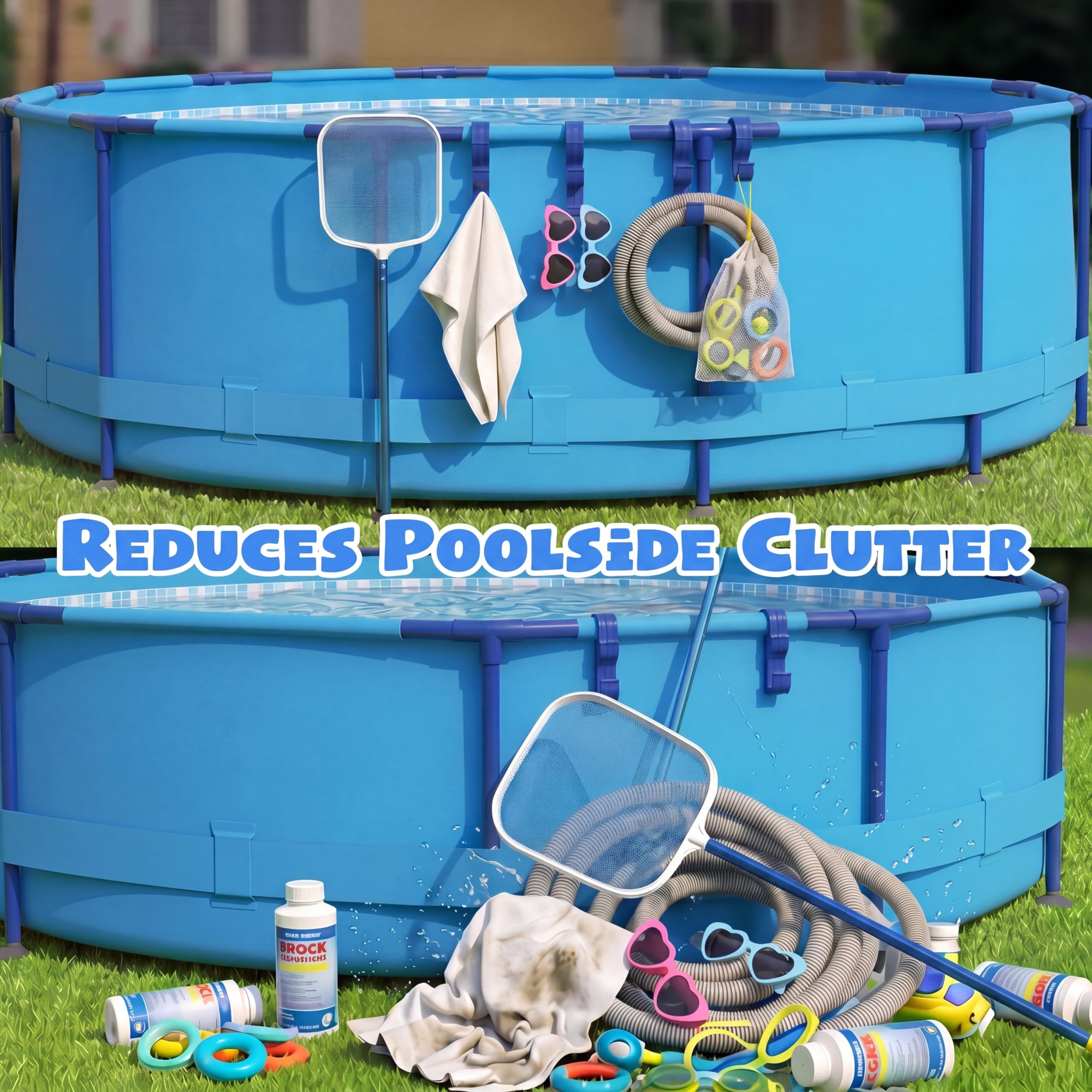 Chumia Confezione da 4 ganci per pali da piscina con 3 ganci, organizer regolabile a bordo piscina, accessori per piscina fuori terra, con asta di supporto per rete skimmer, spazzola, tubo di