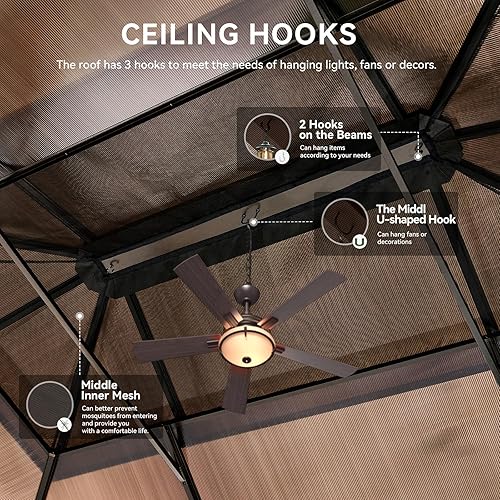 Vista 9 de Aoxun - Gazebo con techo rígido para jardines, patios con cemento o césped, pabellón permanente de policarbonato con doble techo, marco de aluminio