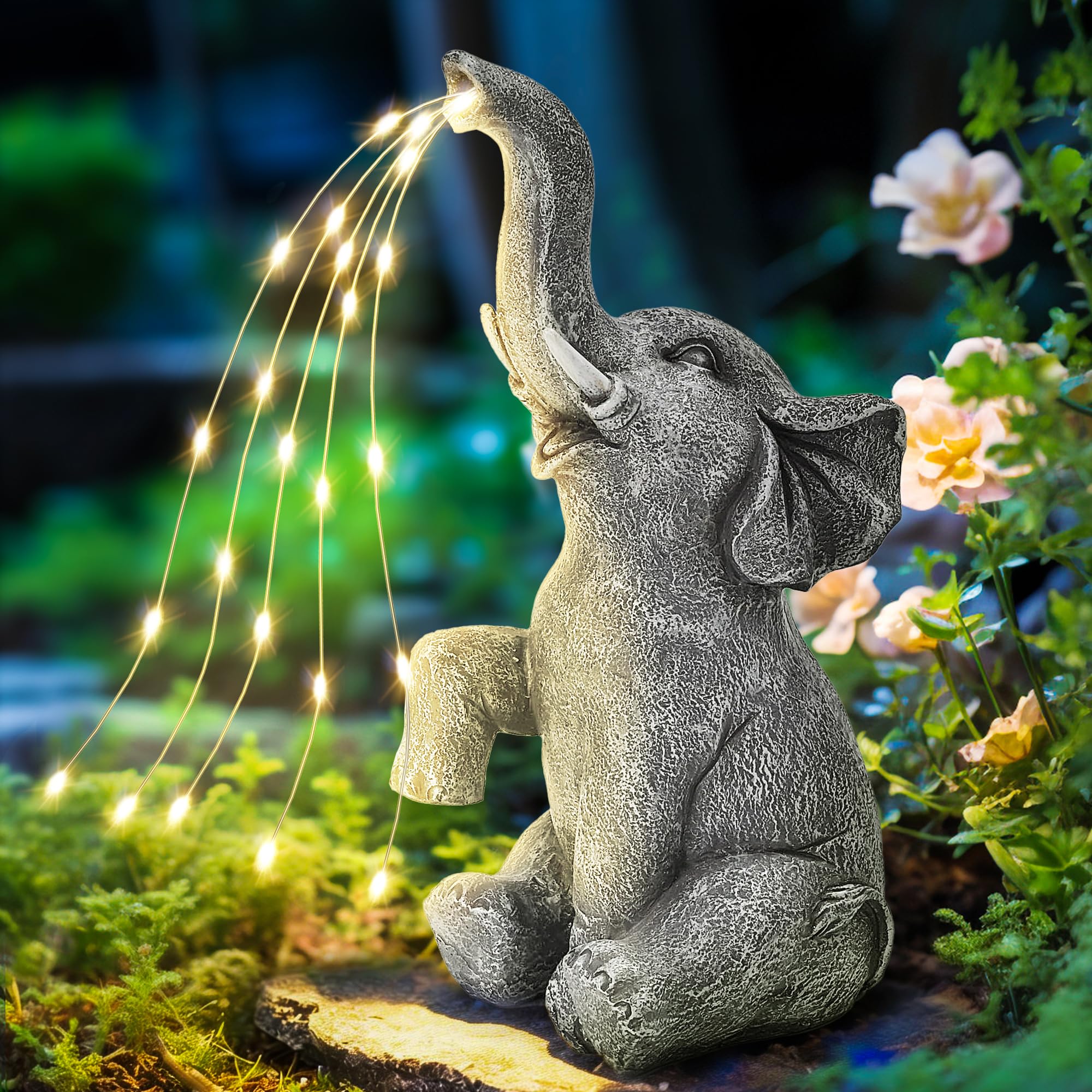 GIGALUMI Elephant Statue Garden Decoration Watering Elephant Figure Solar Powered LED Lights, Gifts for Mum, Birthday Gifts for Women, Elephant Decoration for Patio(10.6Inch/ 27cm)