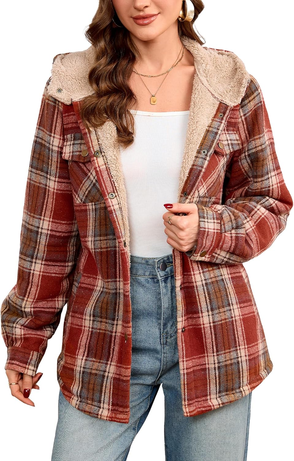 Elesuit Women's Fleece Flannel Jacket Plaid Sherpa Lined Jacket Long Sleeve Button Down Hooded Jackets for Women - Image 2