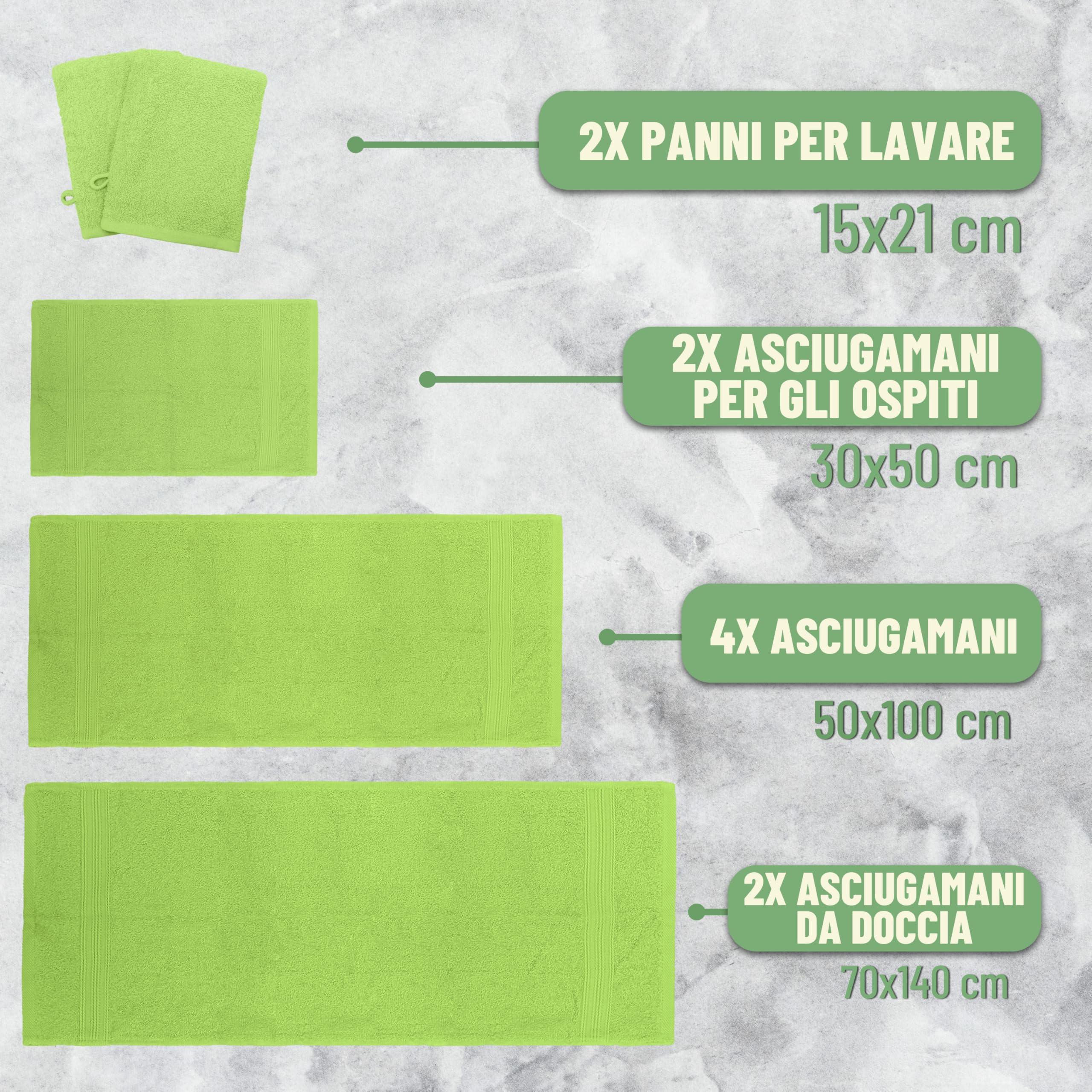 GREEN MARK Set di 10 asciugamani in 100% cotone – 4 asciugamani per mani 50×100, 2 asciugamani grandi da doccia 70×140, 2 asciugamani per ospiti 30×50, 2 guanti da bagno – Verde Mela