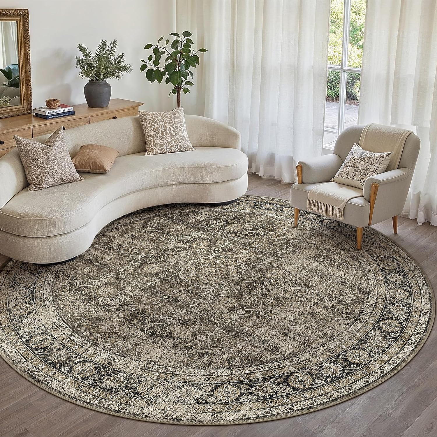 Brown Round Area Rug 8ft Washable 8x8 Circle Vintage Low Pile Indoor Large Kitchen Living Room Carpet Non Slip Traditional Distressed Retro Accent Throw Rug Office Dining Room 8' (Round) Accent Brown