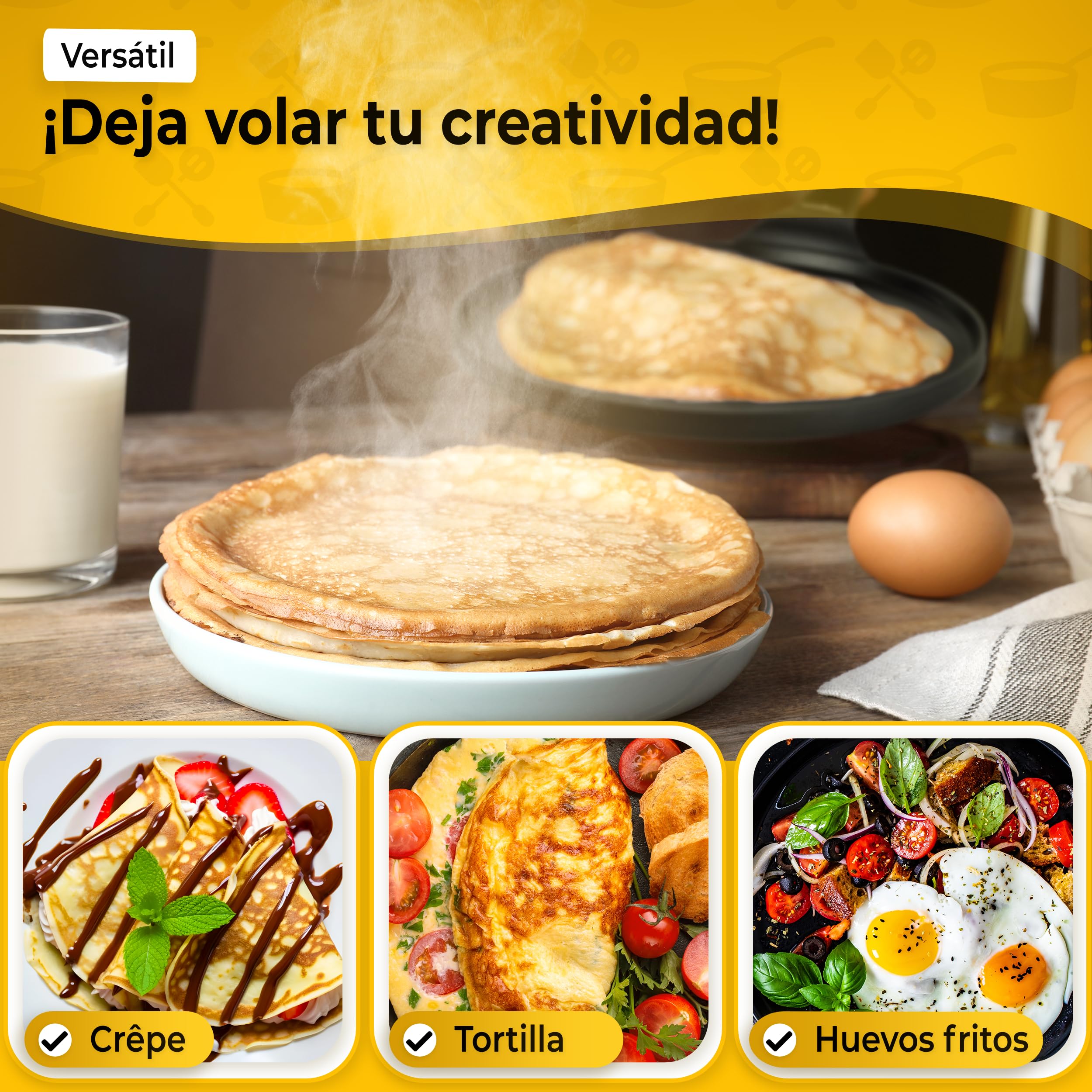 endusor Sarten Crepes Induccion 26cm con 3 capas de antiadherente + espatula y esparcidor de madera de haya alemana - Sartén para crepes apta para TODAS las cocinas - Crepera sarten sin PFOA + PFOS