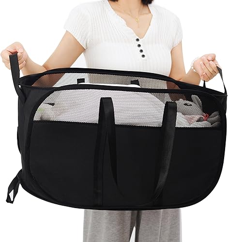 Cesta de lavandería desplegable, de malla, con correas extendidas para los hombros, asas resistentes y tela catiónica de alta calidad (negro)