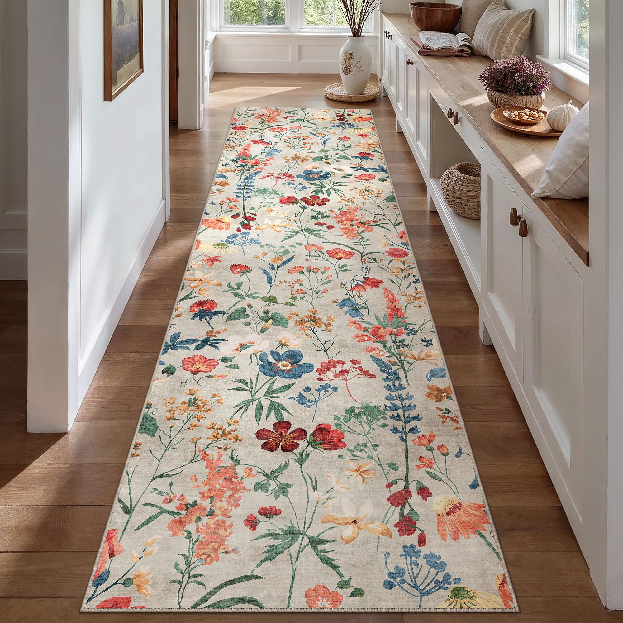 PureCozy Floral Runner Rug 3x12 Washable Hallway Long Beige Bedroom Carpet Non Slip Indoor Boho Kitchen Low Pile Accent Rug Lightweight Soft for