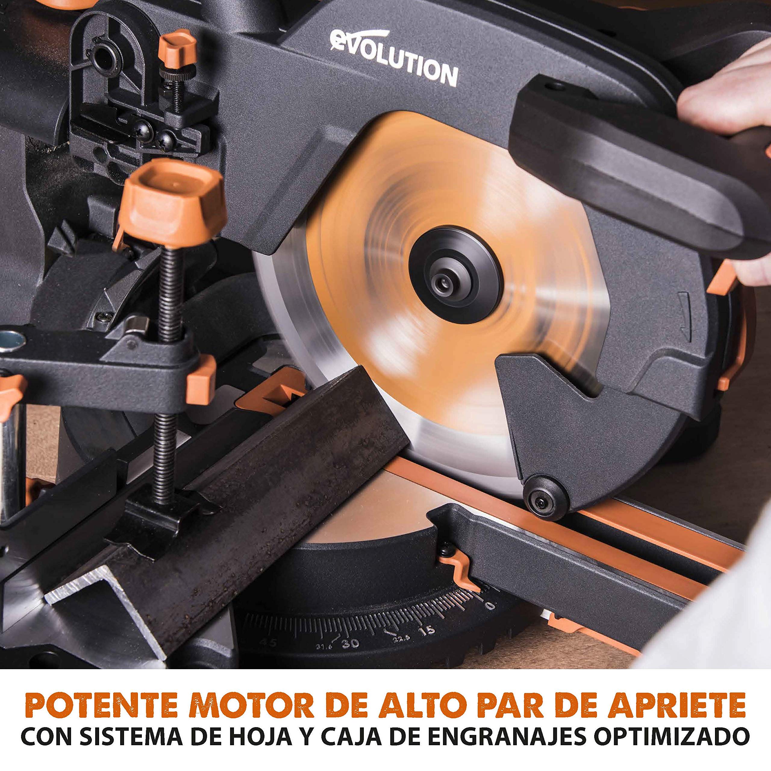 Evolution Power Tools R255SMS Sierra ingletadora Deslizante multimaterial, con Paquete Plus, Corta acero dulce, aluminio, plástico, madera con clavos incrustados 230 V, 255 mm