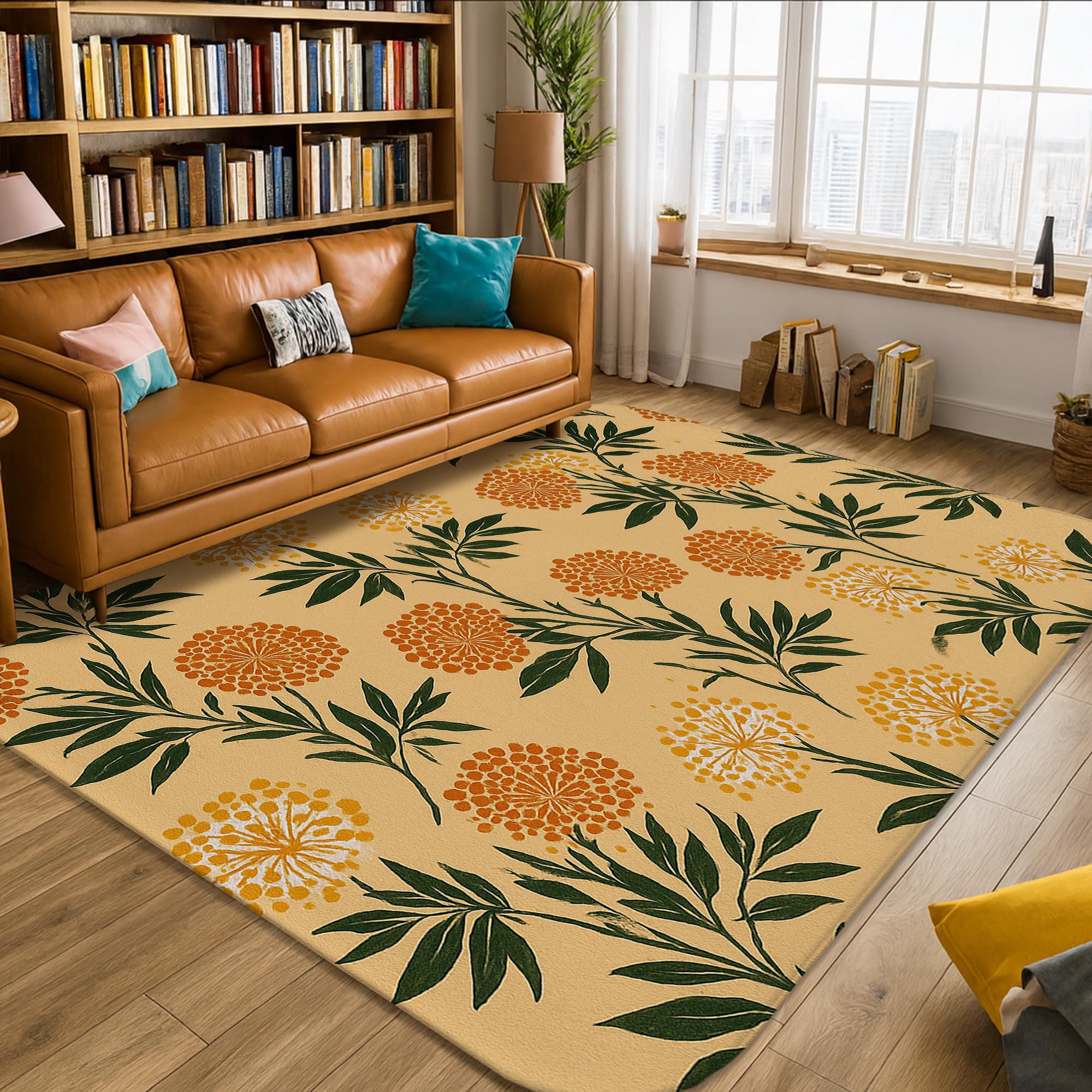 Tapis rectangulaire 1,5x2,1m jaune automne à motif feuilles
