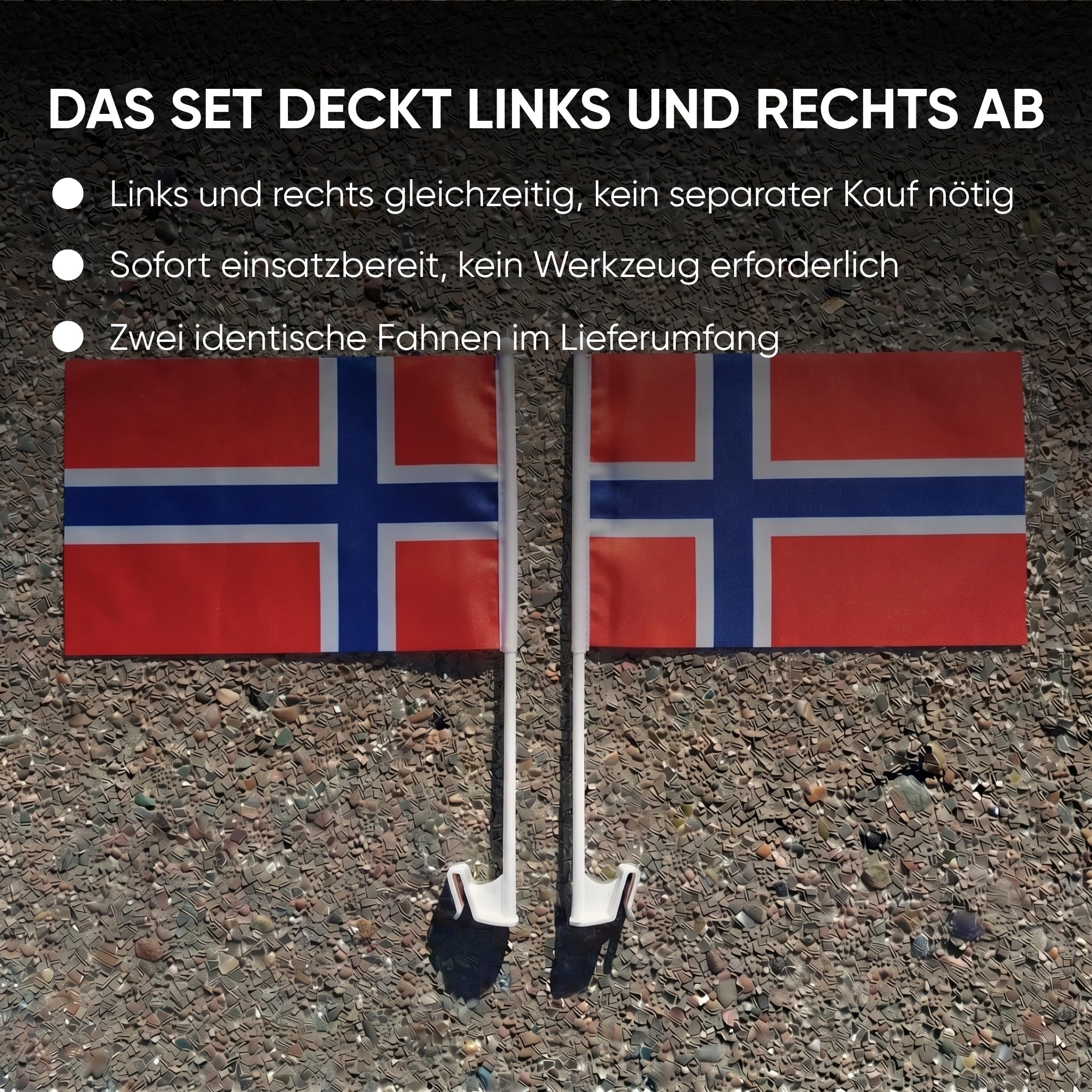 Auto Fahnen Norwegen Set - 2 Autofahnen 30 x 45 cm & 2 Außenspiegelfahnen Überzieher, Fußball Fanartikel FZG für EM & WM, Norwegen Flagge Fahrzeug Deko