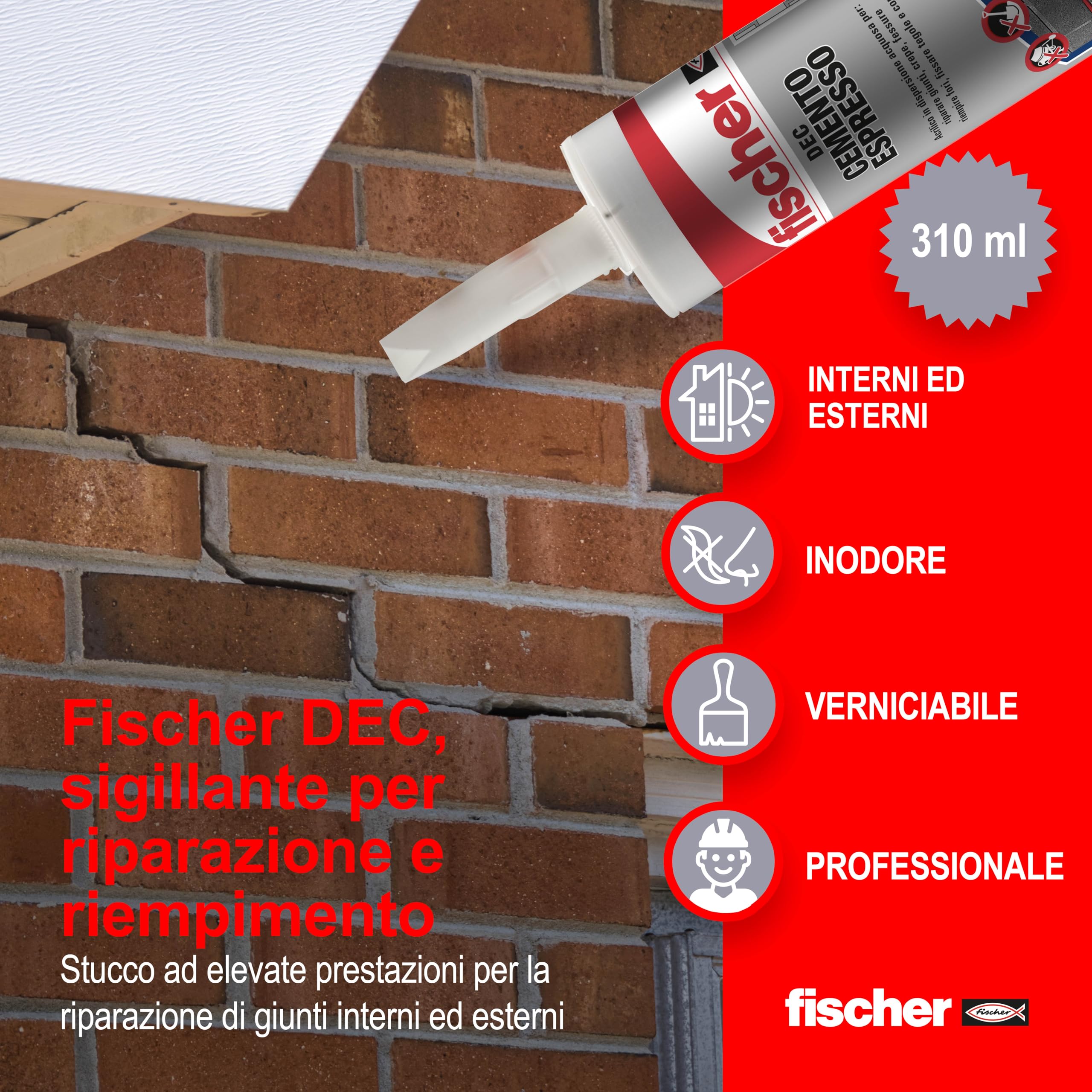 Fischer DEC Cemento Espresso, Sigillante per Riparazione e Riempimento di Crepe, Giunti Interni ed Esterni, Uso con Pistola da Silicone, 522431