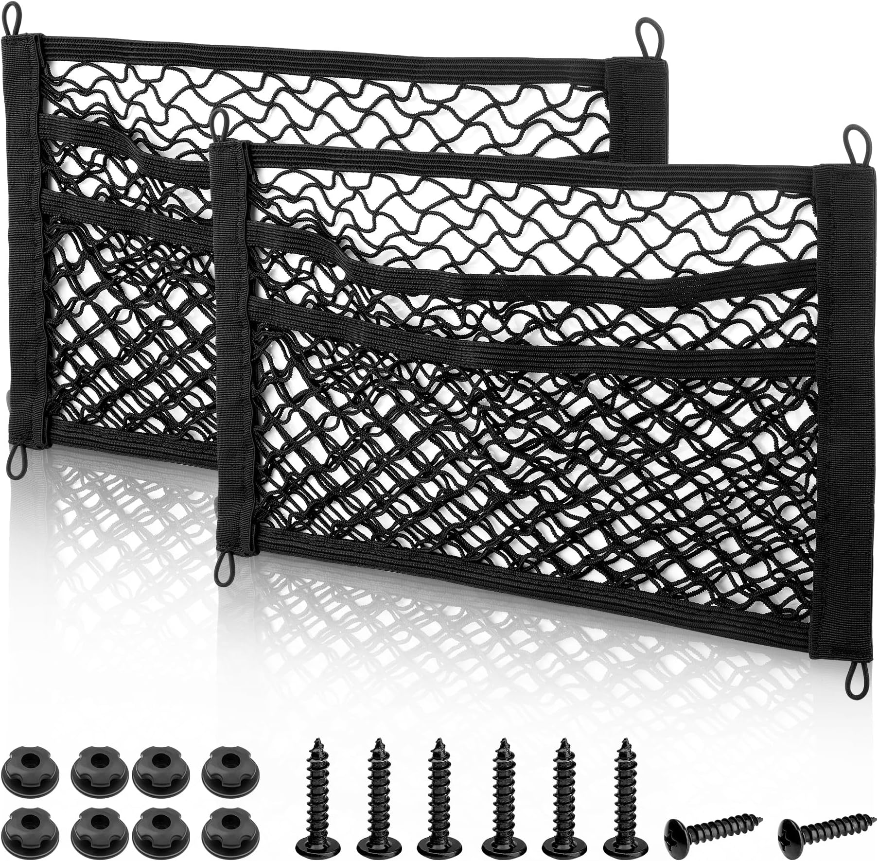 RED WOLF 3 Layer Small Cargo Net 17.7" x 9.8" Elastic Stretchable Bungee Nets Storage Mesh Pocket Organizer Mounting w/8 Screw and Built-in Hooks for SUV Truck Camper Accessories