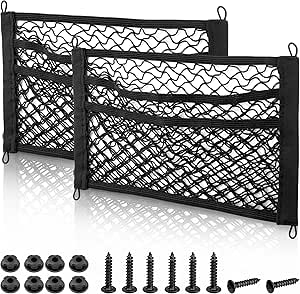 RED WOLF 3 Layer Small Cargo Net 17.7" x 9.8" Elastic Stretchable Bungee Nets Storage Mesh Pocket Organizer Mounting w/8 Screw and Built-in Hooks for SUV Truck Camper Accessories