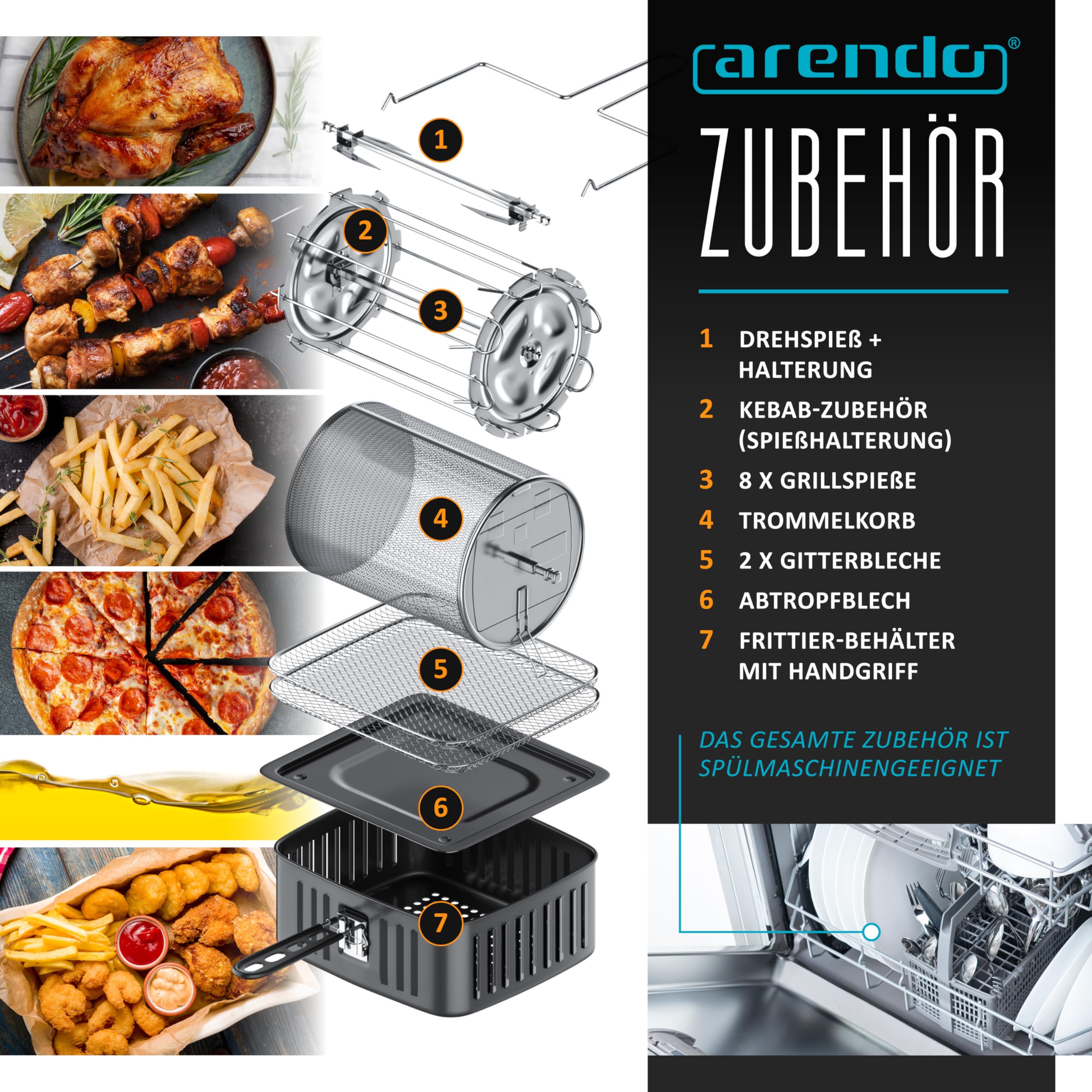 Arendo - Wlan Heißluftfritteuse XXL 16 Liter - Smart WiFi mit App - extra Groß 16 Liter - Backofen Umluft - Grill - Dörrautomat - Air Fryer - Easy&Clean - Fritteuse ohne Öl - Pizza Hähnchen Pommes