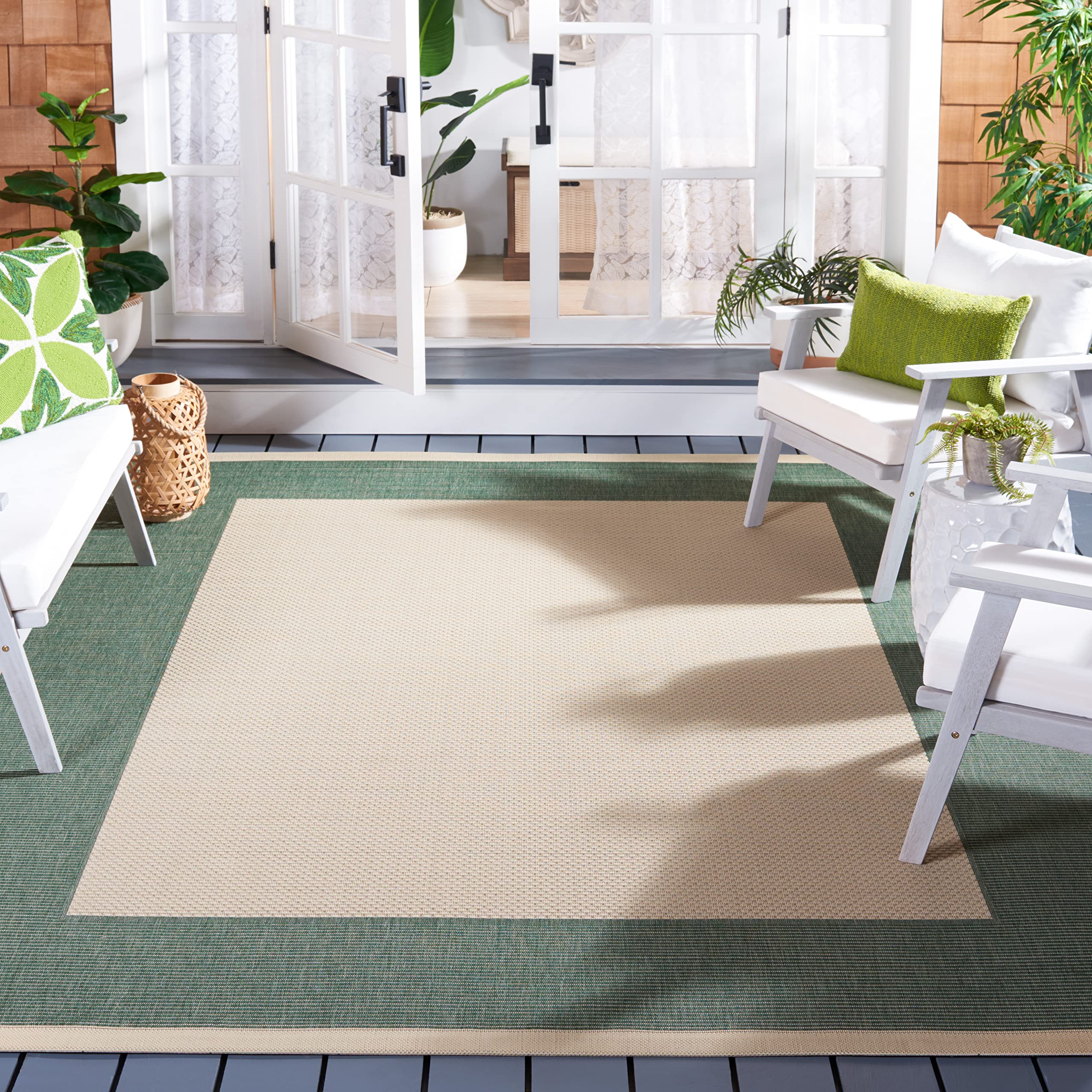SAFAVIEH Washable Rug Outdoor Courtyard Collection - 6'7" Square, Beige & Dark Green, Non-Shedding & Easy Cleaning, Ideal for Patio, Backyard, Mudroom