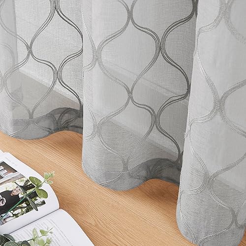 Miniatura 3 de Bujasso Cortinas traslúcidas grises de 63 pulgadas, 2 paneles bordados geométricos filtrantes de luz, cortinas para ventana de sala de estar,