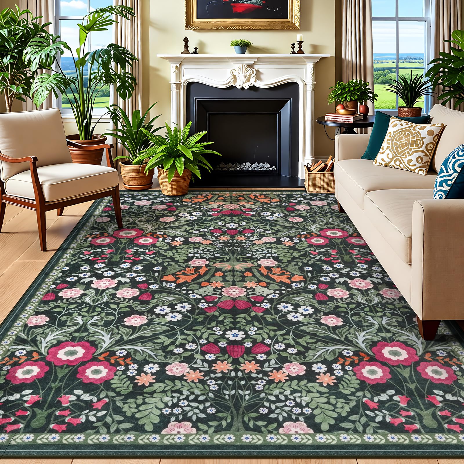 IMIYOKU Groß Teppich Wohnzimmer 200x290cm Waschbar in Waschmaschine Boho Vintage Kurzflor Carpet mit Blumenmuster Weich Antirutsch Rugs for Living Room Schlafzimmer Esszimmer, Grüner Teppich