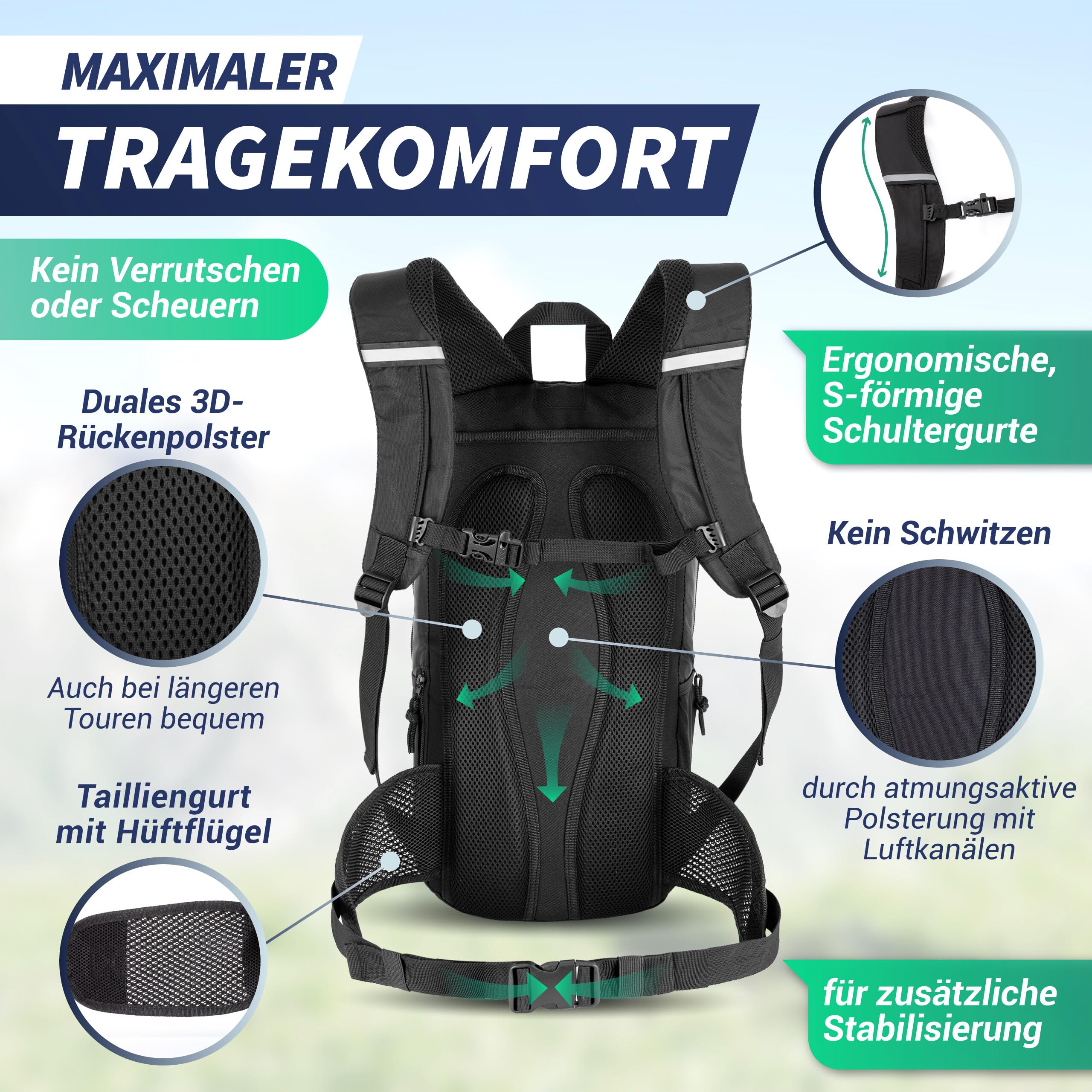 SASMO® Fahrradrucksack 20L / 25L -inkl. Gurttasche, Thermofach, Helmnetz | MTB Rucksack - Ultraleicht | Fahrrad Rucksack wasserdicht - Regenschutz | Trinkrucksack Fahrrad für Tages Trips