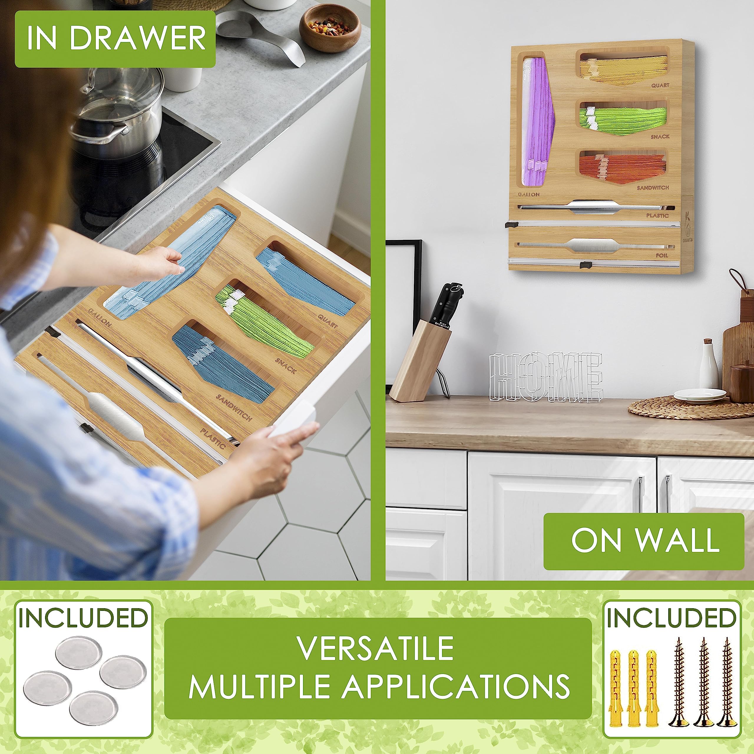 ORGANYZA Ziplock Bag Organizer and Plastic Wrap Dispenser with Cutter-100% Bamboo storage bag organizer 6 In 1 with aluminum foil dispenser, includes 4 Plastic bag dispenser, 2 kitchen wrap organizer.