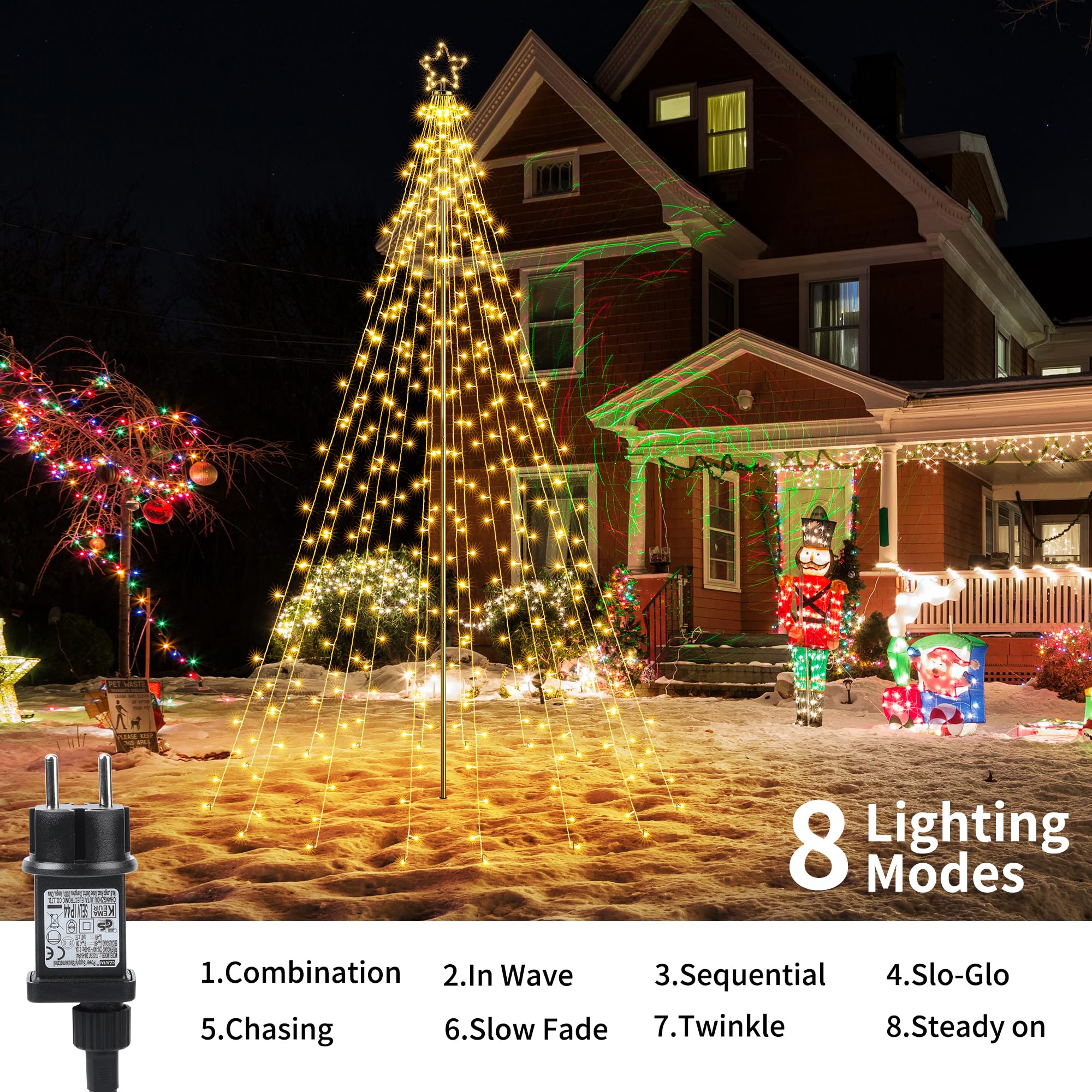 iBaycon Luci Di Natale Per Esterni con Stella,3,87 m 568 Led Bianco Caldo | 16 Ghirlande Albero Di Natale Con Telecomando 8 Modalità Timer Dimmerabili Natalizia per Esterni Giardino Prato