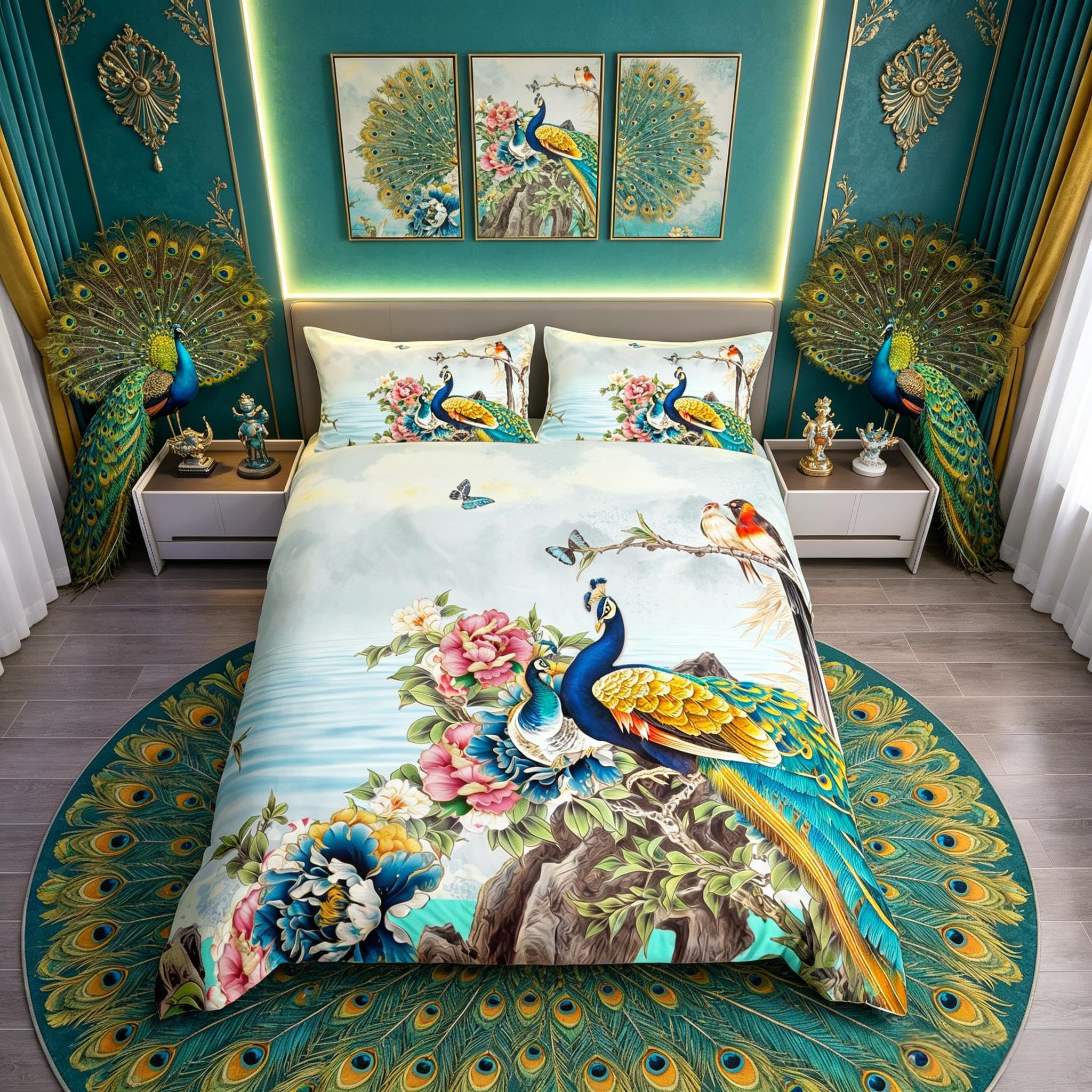 Peacock Duvet Cover Sets Super king Size,Watercolor Feather Bedding Set for Kids Teen Adult Girls Boys Bedroom Decorative,Birds Animal Flower Floral Art Painting Comforter Cover and 2 Pillowcases — image 1
