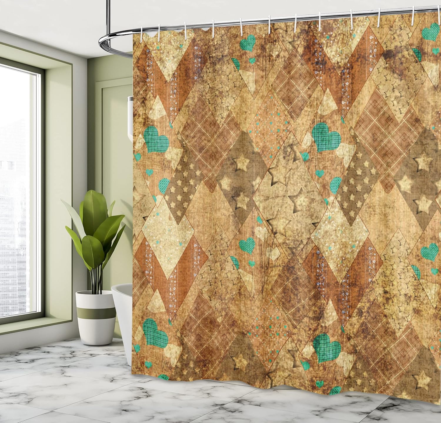 Ambesonne Abstract Shower Curtain, Murky Vintage Geometric Diamond Triangle Formed Patchwork Quilt Motif Art, Cloth Fabric Bathroom Decor Set with Hooks, 69" W x 70" L, Green Sand Brown