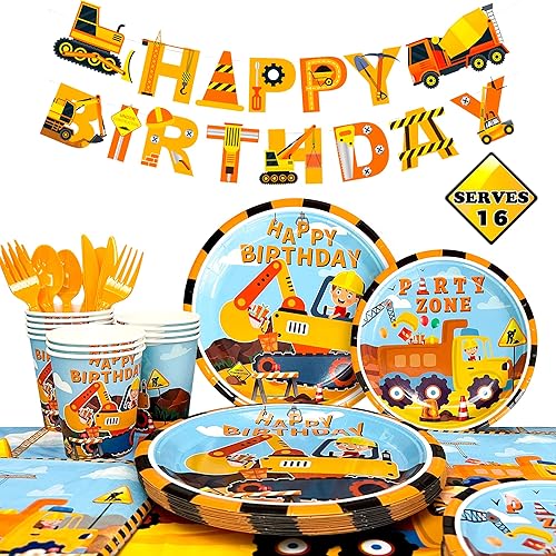 16 Guests Construction Birthday Supplies Tableware Set Construction Birthday Party Plates Cups Napkins Tablecloth Banner etc for Dump Truck