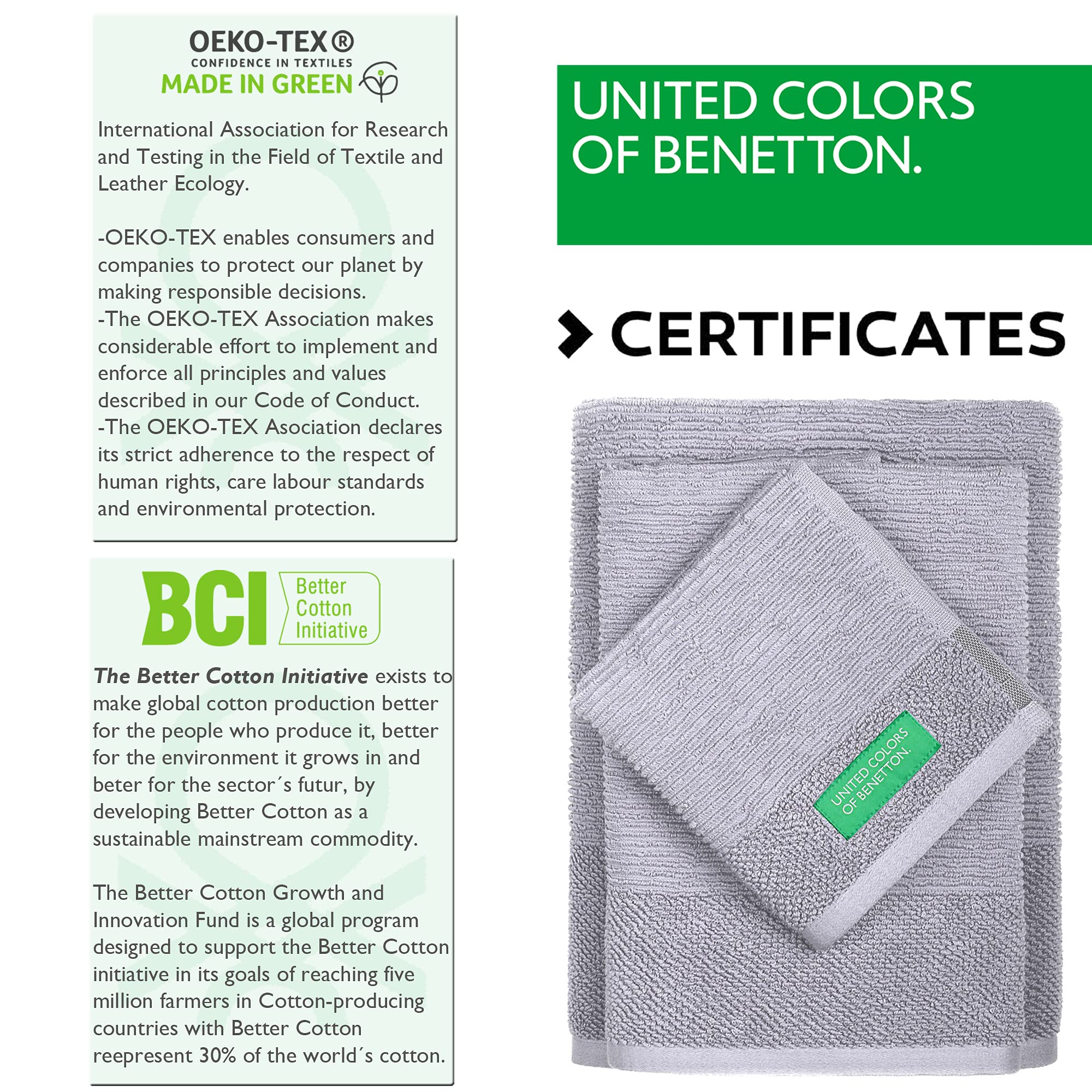 United Colors of Benetton. 3-teiliges Badetuch-Set (30 x 50 + 50 x 90 + 70 x 140 cm), 450 g/m², 100% Baumwolle, Grau Casa (BE023)