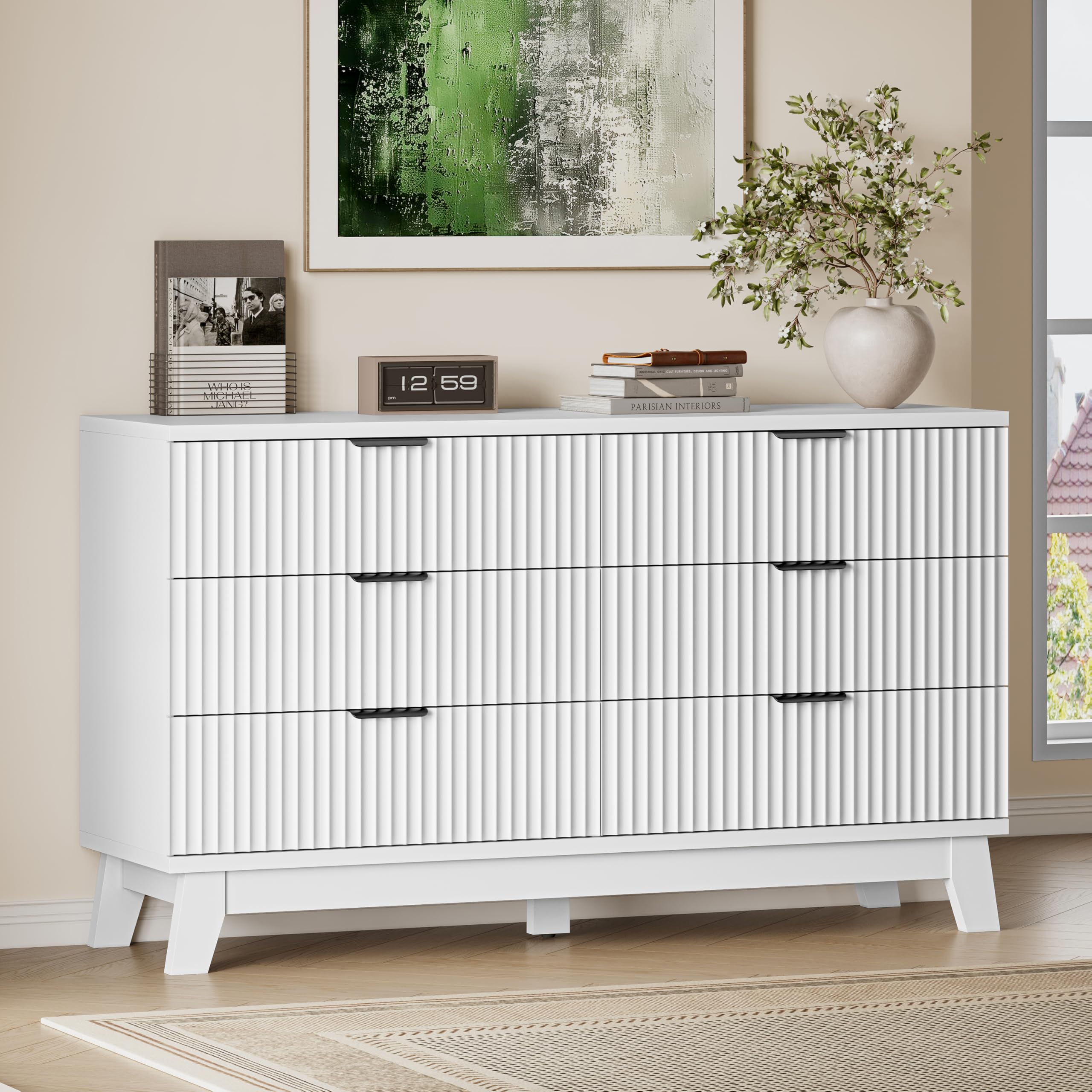 BORNOON 53" Long Dresser for Bedroom, 6-Drawer Dresser with Fluted Fronts, Wide Wood Chest of Drawers, Smooth Metal Slides, Stable Base, Modern Clothes Storage Cabinet for Living Room, Hallway
