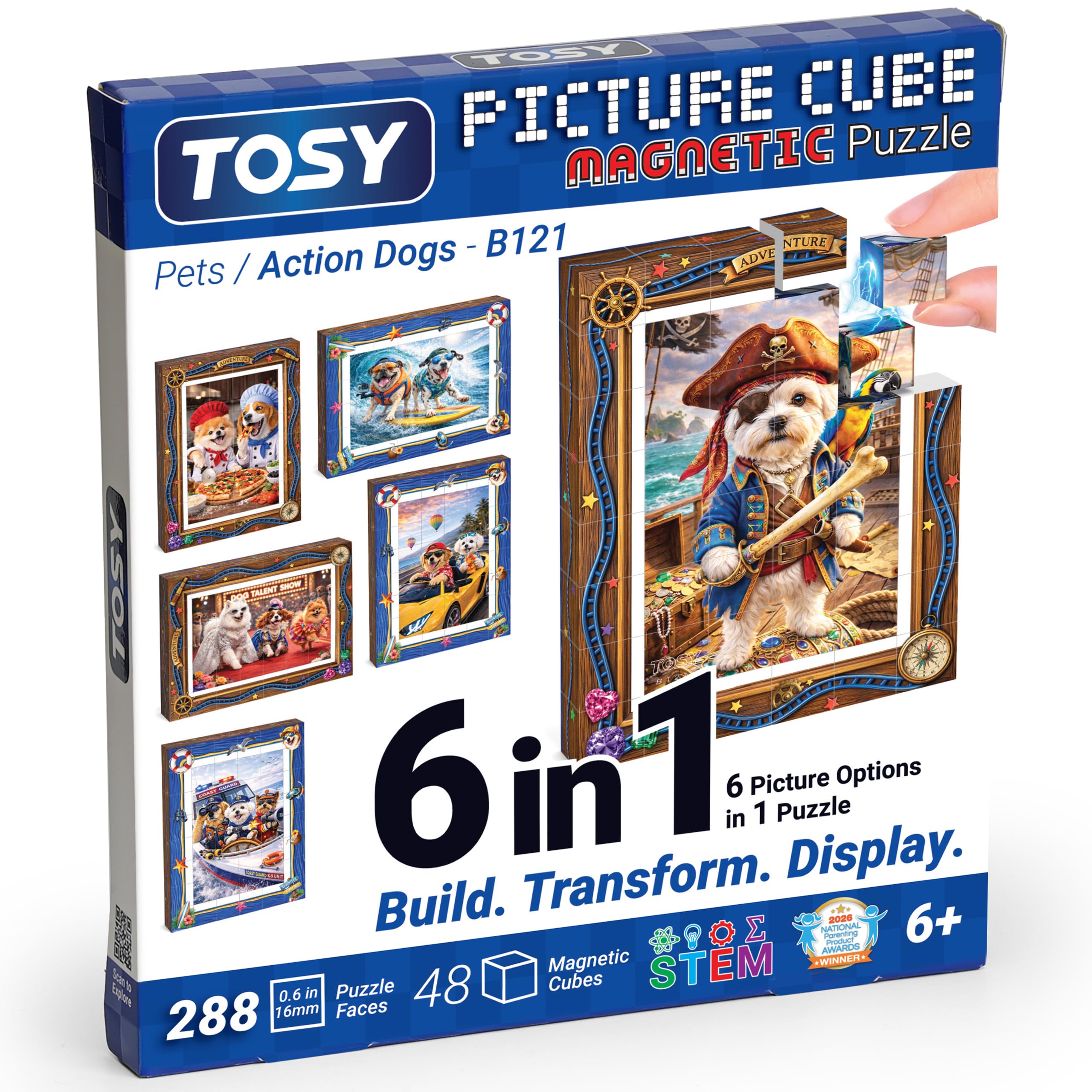 TOSY Picture Cube Action Dogs: 6-in-1 magnetisches Bilderpuzzle, 48 Blöcke, 288 Puzzleflächen, 1,5cm, B121, Nahtlose UV-Kunst, Display-Rahmen, Sammelstück, STEM/STEAM Geschenk