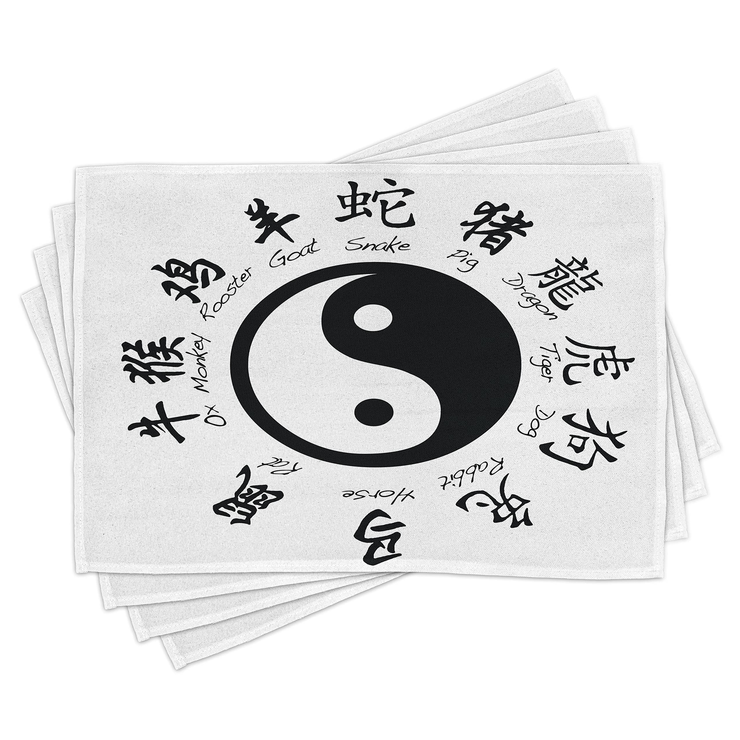 Abakuhaus White And Black Yin-Yang Placemats, Asianlism, Washable Fabric Dining Room Kitchen Table Decoration Digital Print,