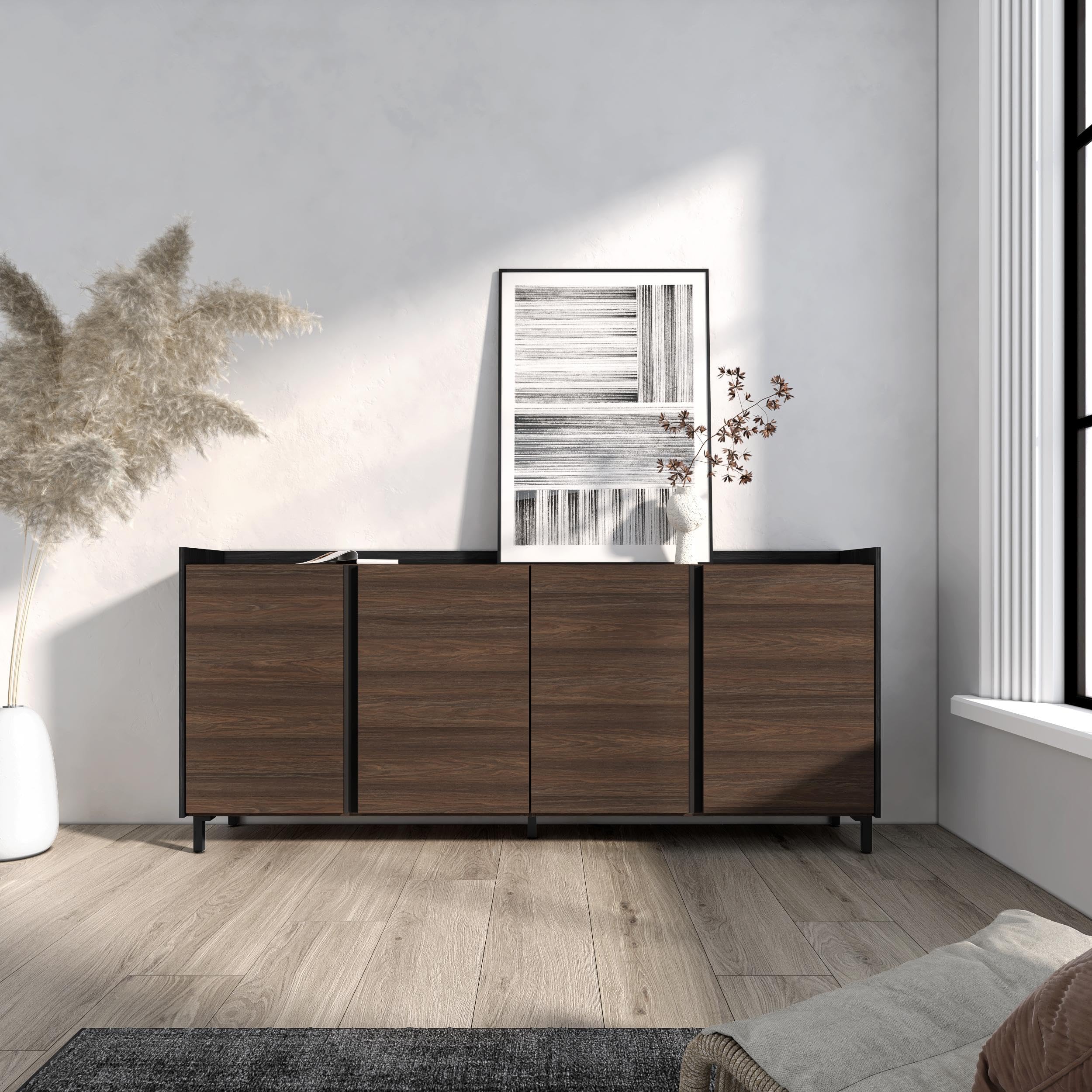 Skraut Home | Buffet Salon et Cuisine | Meuble de Rangement, Commode | 207x91x35 cm | 4 Portes | Design Industriel | Style Moderne | Chêne foncé et Noir