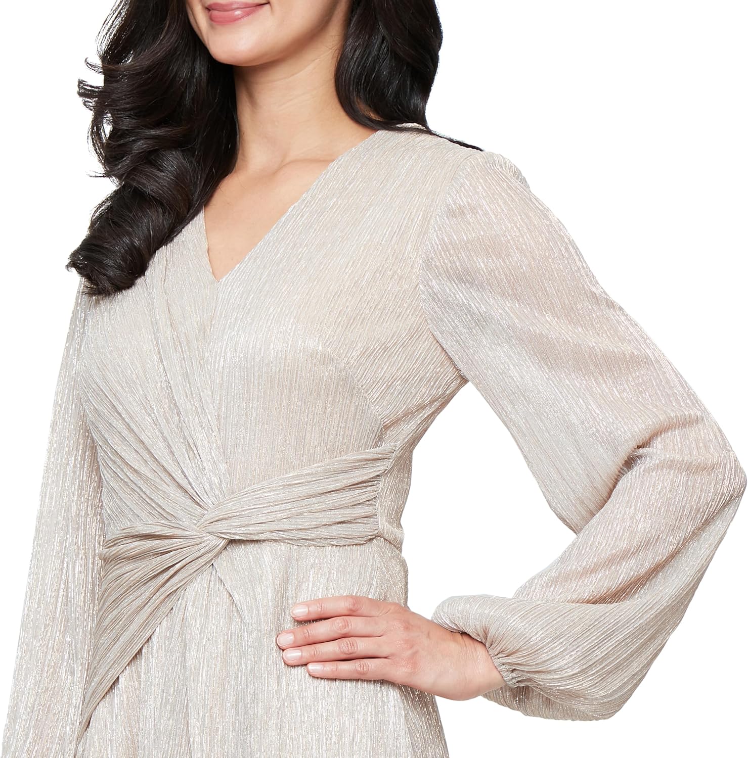 S.L. Fashions Womens Long Sleeve V-Neck Midi Cocktail Dress W/Ruched Waist, Wedding Guest Gown - Image 3