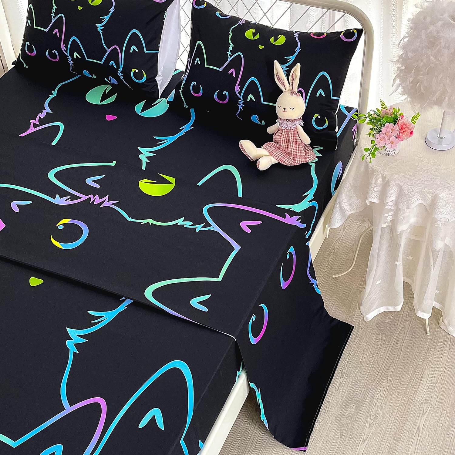 QOOMO Cute Cartoon Cat Sheets Set Full Size,Animals Kids Bed Sheets with 2 Pillowcase,Cat Sheets Fitted Sheet with 16" Deep Pocket,Microfiber Printed Bedding Sheets
