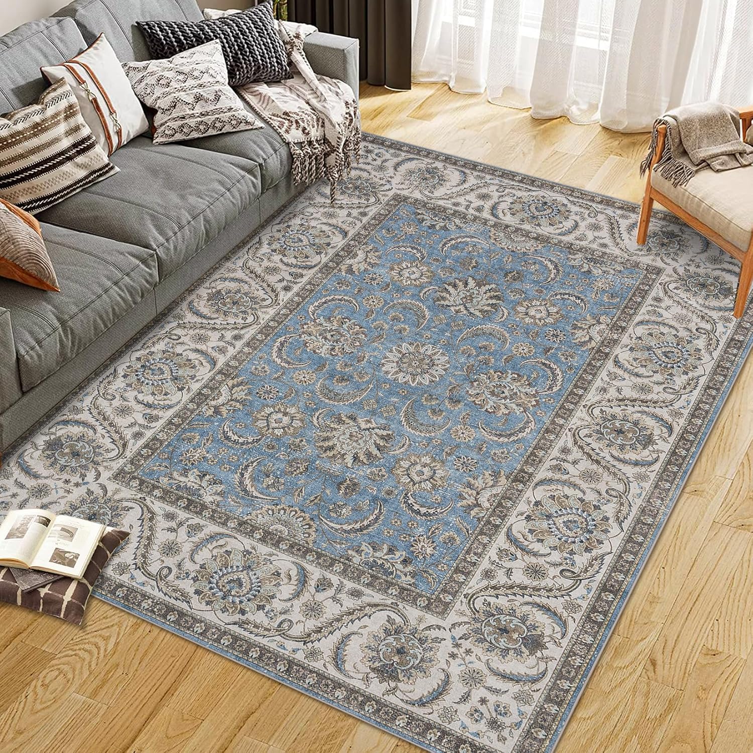 GarveeHome 8x10 Area Rug Retro Floral, Washable Rug for Living Room Boho Vintage Large Rug for Bedroom Soft Non Slip Low Pile Floor Mat Persian Carpets for Dining Room Office Stain Resistance, Blue - Image 9