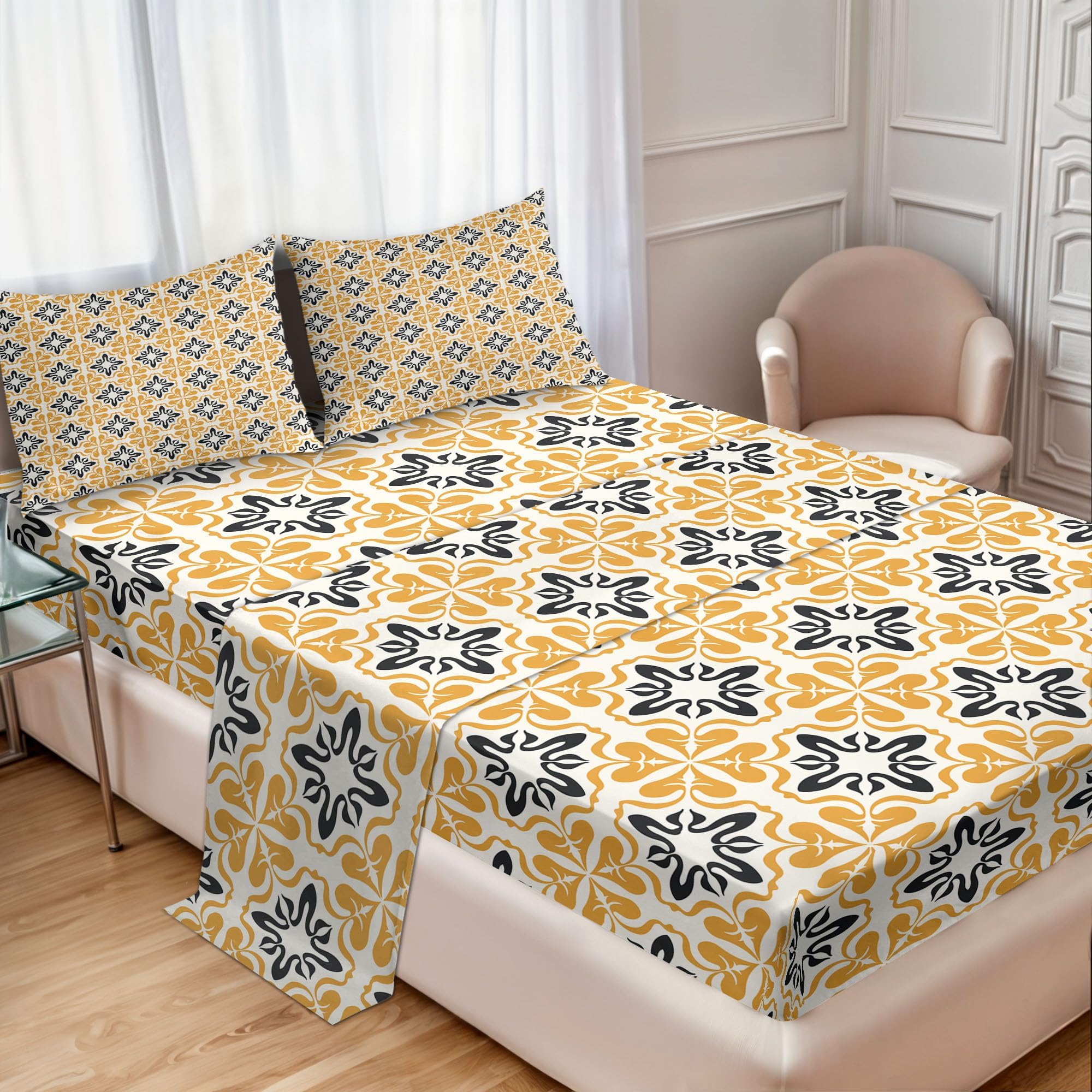 Ambesonne Mosaic Sheet Set, Traditional Moroccan Portugal Pottery Tile Effect Geometric Floral Motifs, Fitted and Flat Sheet with Pillowcases Bedding Accent 4 Piece Set, Calking, White Apricot Black