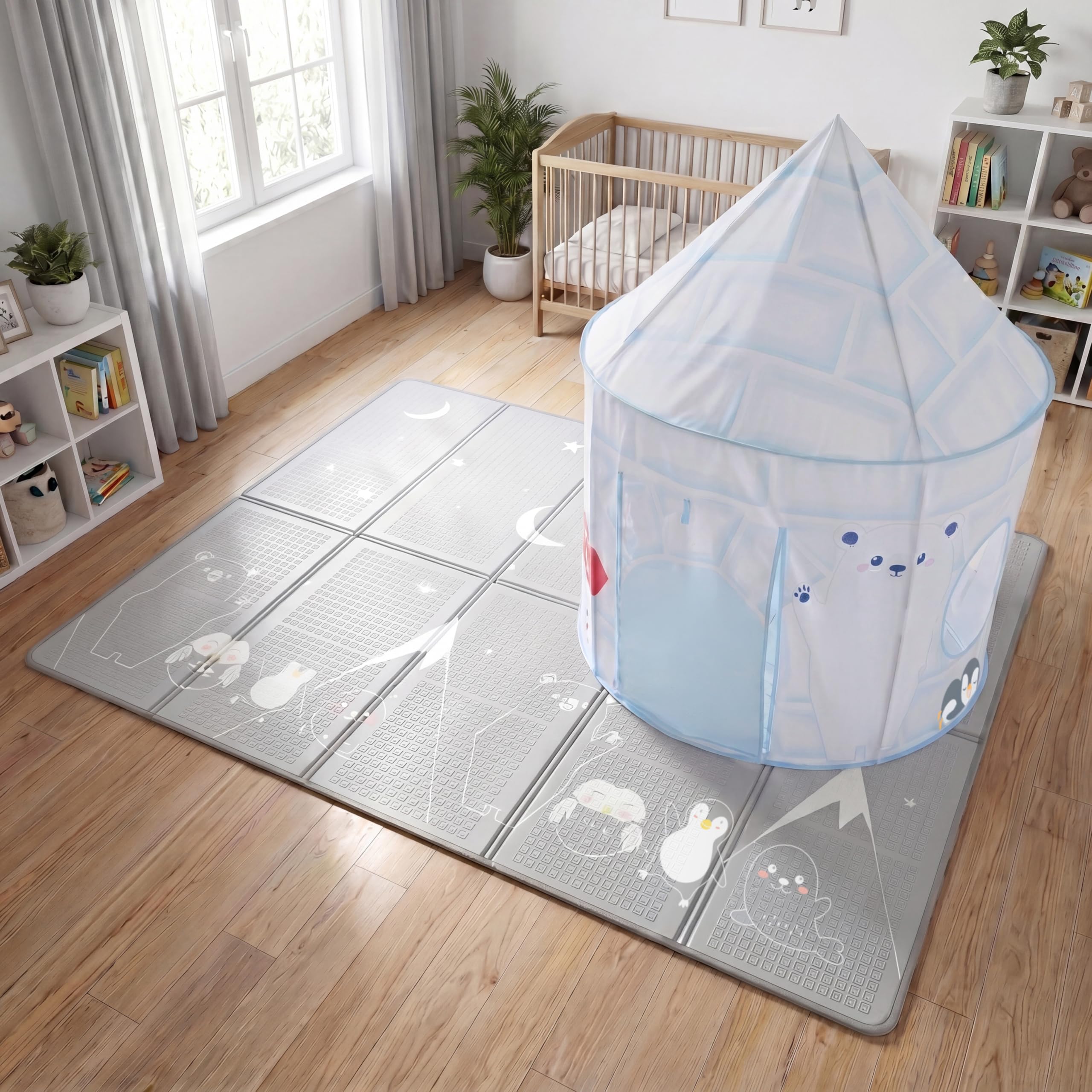 Kids Arctic Play Tent and Play Mat Set, Double Sided, Thick Foam, Antislip and Waterproof Play Mat & Matching Immersive Polyester Play Tent