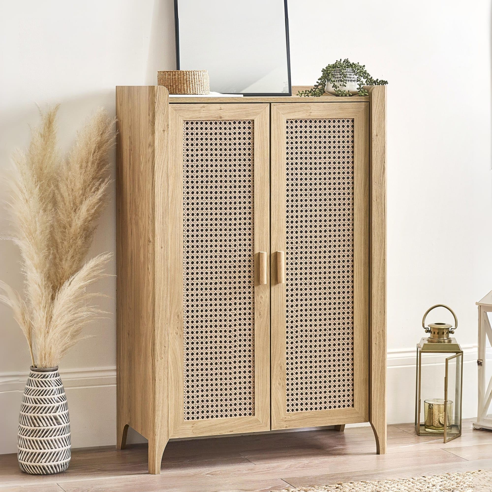 Julian Bowen Sydney Shoe Cabinet - Faux Rattan Print Effect Storage Cupboard with 5 Shelves, Wooden Sideboard for 15 Pairs of Shoes, Hallway and Entrance - 120 x 80 x 41cm
