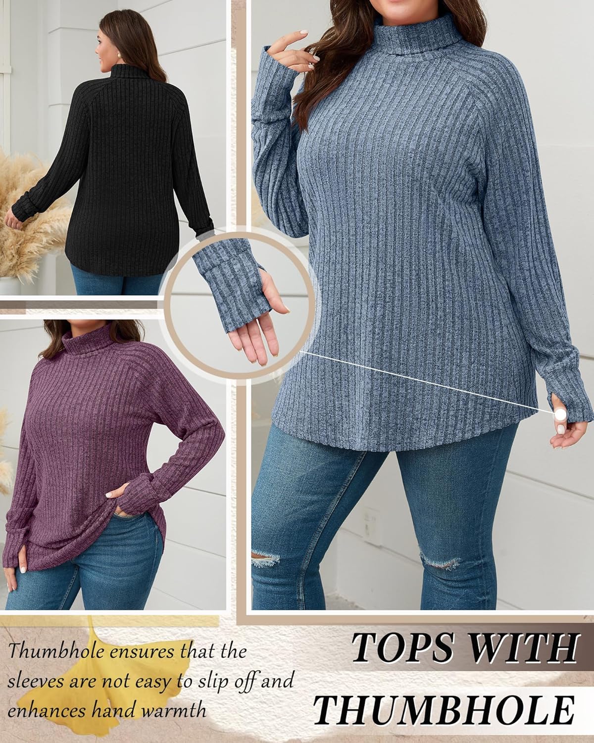 Ficerd 3 Pack Women's Plus Size Turtleneck Sweater Tunics, Long Sleeve Thumbhole Ribbed Tops Curved Hem Loose Pullover Shirts - Image 3