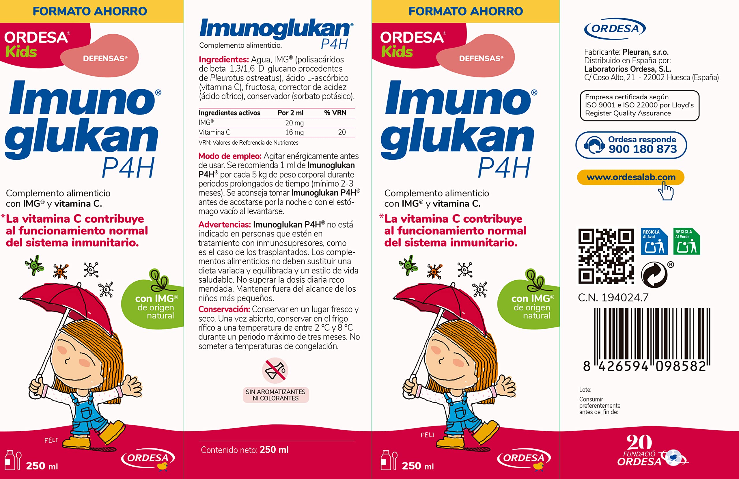 Imunoglukan P4H Jarabe 250ml | 250ml | Complemento Alimenticio con Vitamina C para Fortalecer las Defensas de Niños para los más Pequeños y Adultos