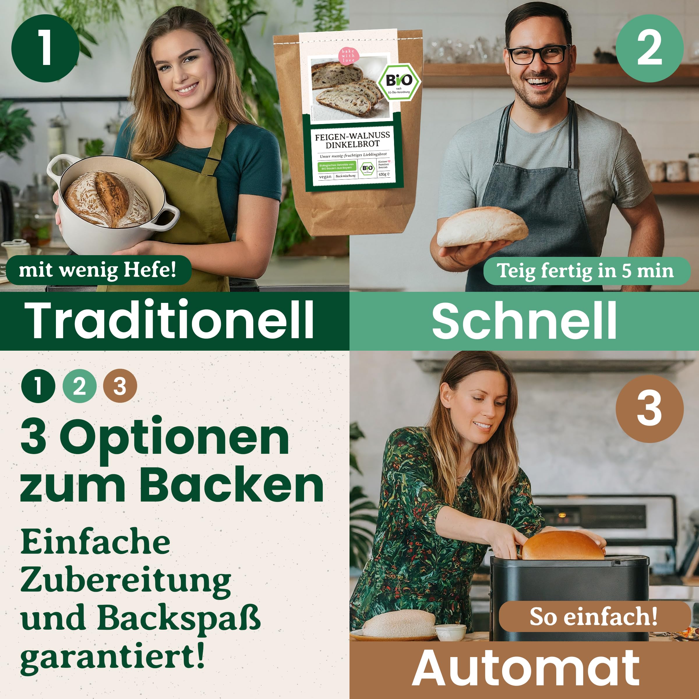Bio Dinkelbrot Backmischung Feige Walnuss – 100 % Dinkel, ohne Weizen – fruchtig-nussiges Brot mit Walnüssen für Brotbackautomat & Ofen – Bake with Love - 10er Pack