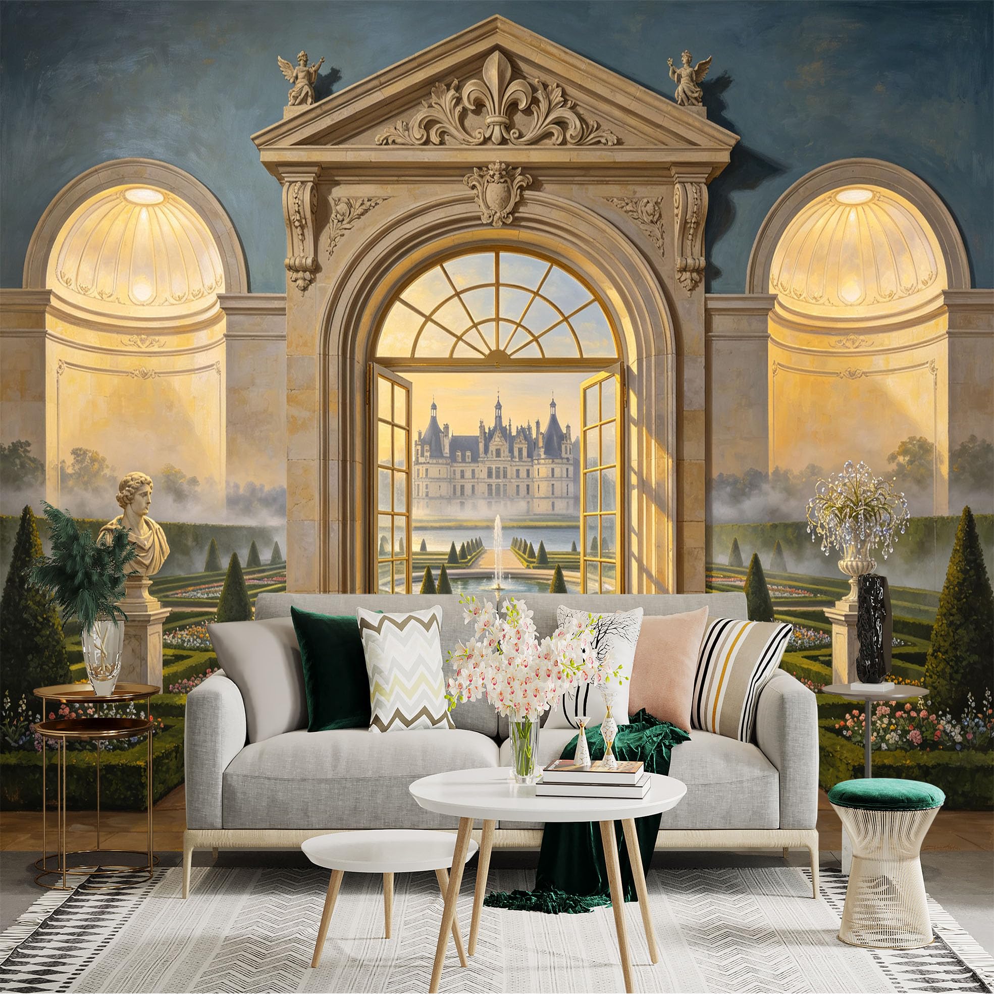 Custom Size Wall Sticker Mural， Elegant Palace Garden Archway， Fountain Courtyard and Classical Landscape， for wall Decoration， peelandstick wall Decals.