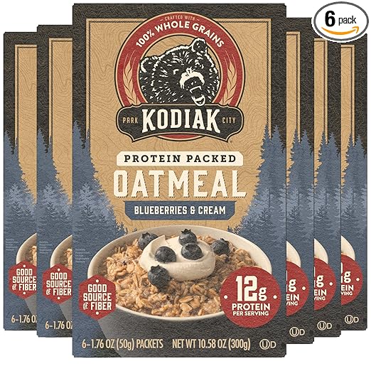 Kodiak Instant Oatmeal Packets, Blueberries & Cream, High Protein, 100% Whole Grains, 6 boxes with 6 packets (36 packets)