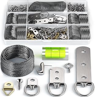 Picture Wire Hanging Kit 100+ Pieces - D-Ring, Screws, Hanging Hooks,Level. Supports up to 50 lbs 120+ Feet(38 M) Stainless Steel Wire Hanger | Comes with Solid Box
