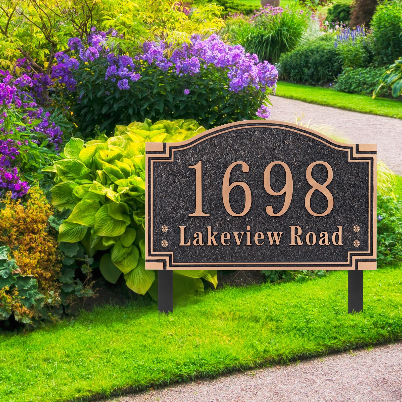 My Sign World Custom Lawn Mounted Address Plaque, Engraved Metal with 2 Stakes, Personalized House Sign for House, Apartment, Office (Black/Rose Gold, 15 inches)