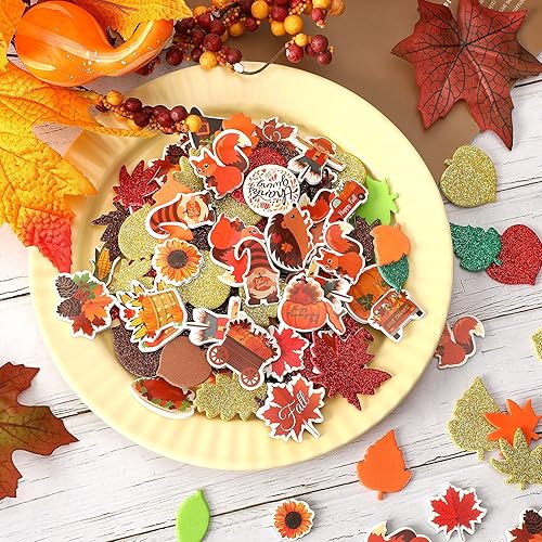 Miniatura 3 de Adhesivo de espuma de hojas de otoño de Acción de Gracias, JULBEAR 900 piezas de hojas de arce con purpurina de otoño, patrón colorido, calcomanías