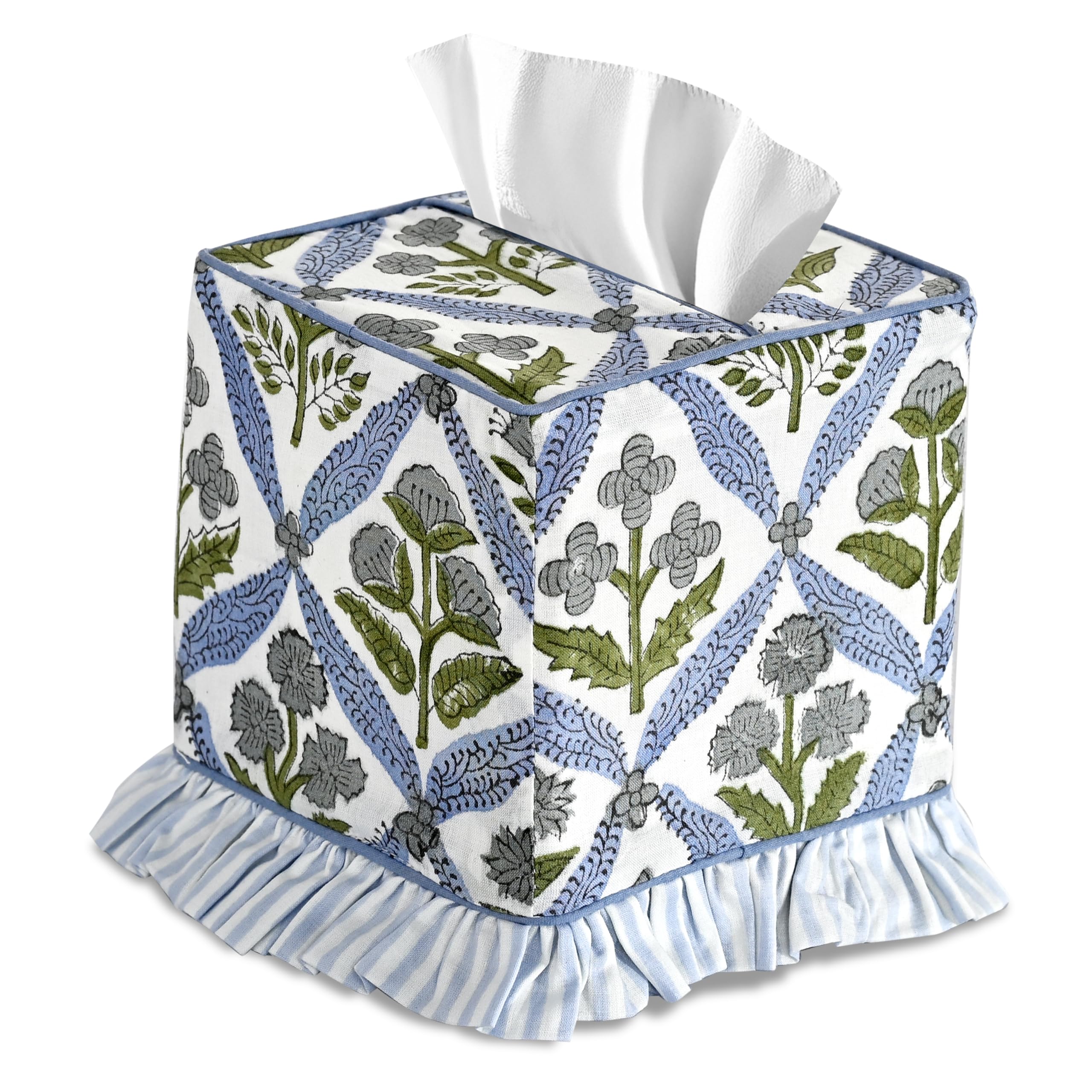 Ridhi Light Steel Blue Block Print Ruffle Tissue Box Cover Handmade Cotton Decorative Square Napkin Holder for Home