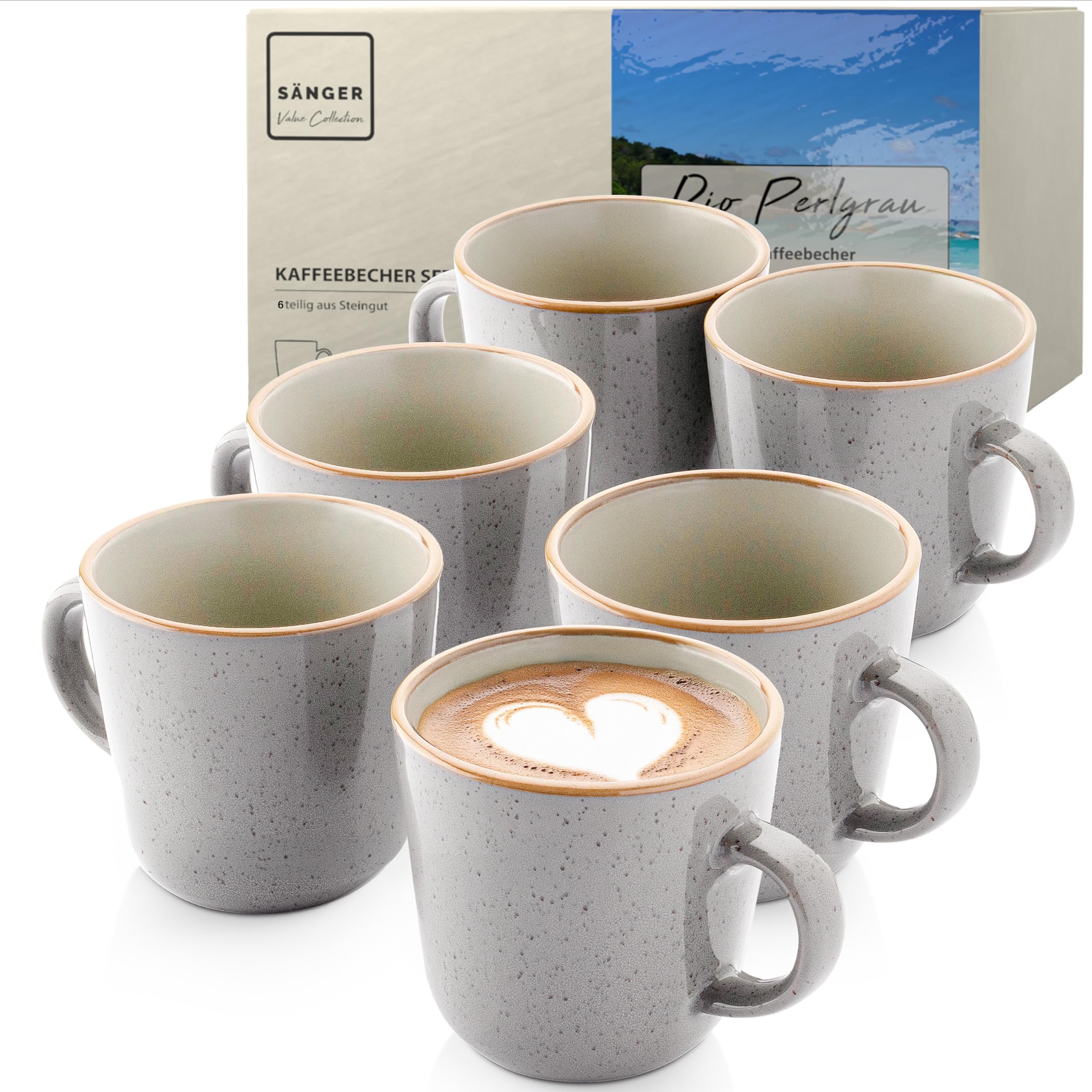 SÄNGER Rio Perlgrau | Kaffeebecher 6 teilig, Steingut Tassen Set für 6 Personen, Tassen multifunktional, spülmaschinen- mikrowellenfest, Coffee Mug Teetasse, Kaffeetassen grau 430 ml |VALUE COLLECTION