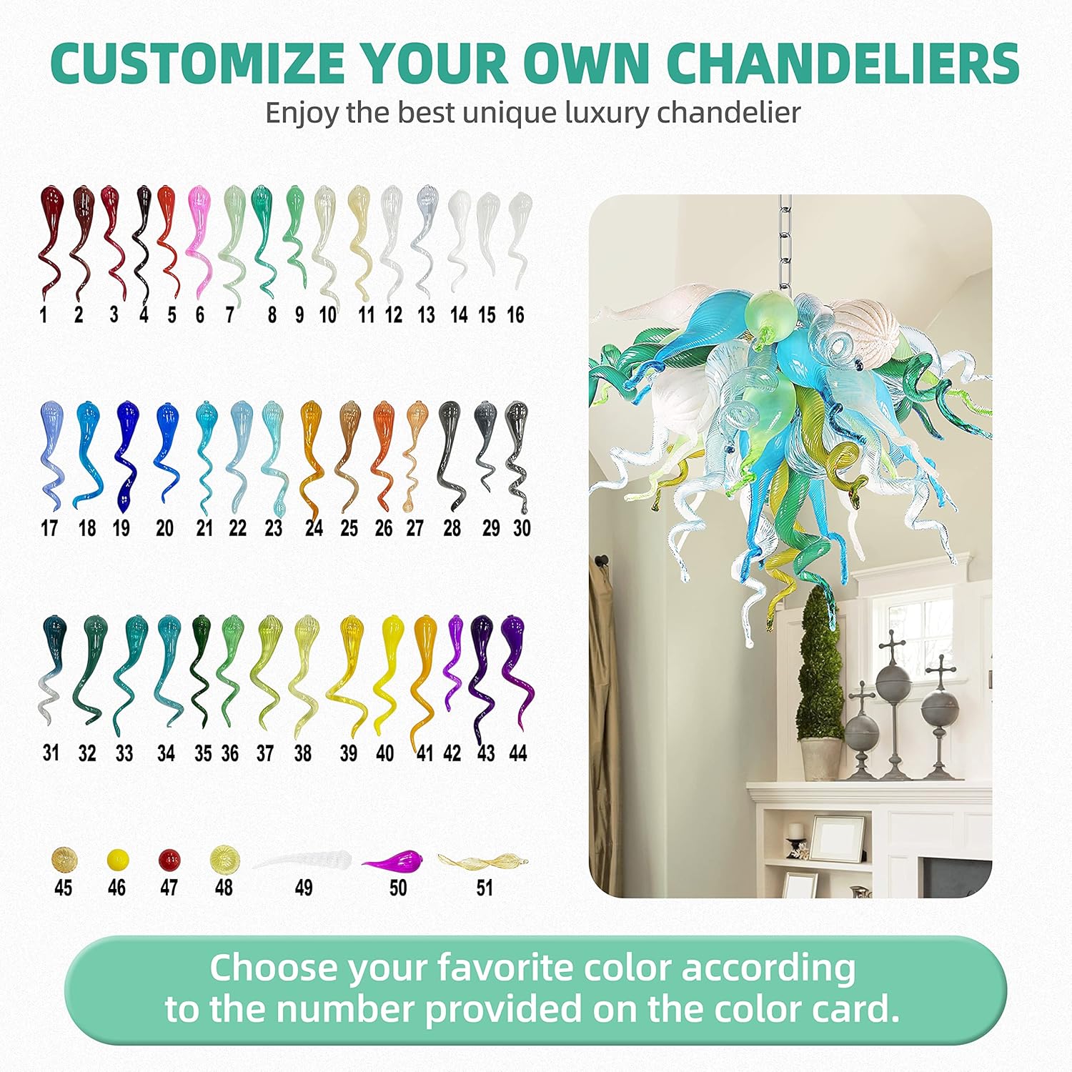 Glass Art Deco Chandelier, 28" Hand Blown DIY Lamp Decoration, Hanging Pendant Light for Bedroom, Dining Room, Living Room, Staircase, Hotel (Customizable Size & Color)