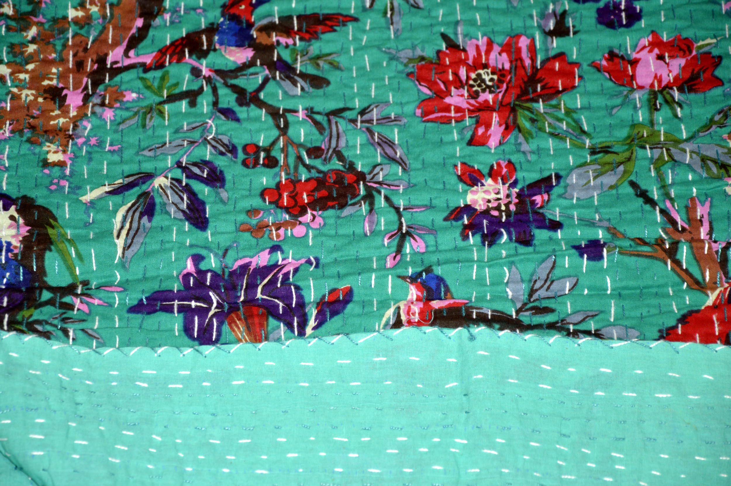 copriletto indiano 100% cotone Kantha, set di copriletti fatti a mano, reversibile, set di copriletti di lusso vintage con motivi floreali e uccelli