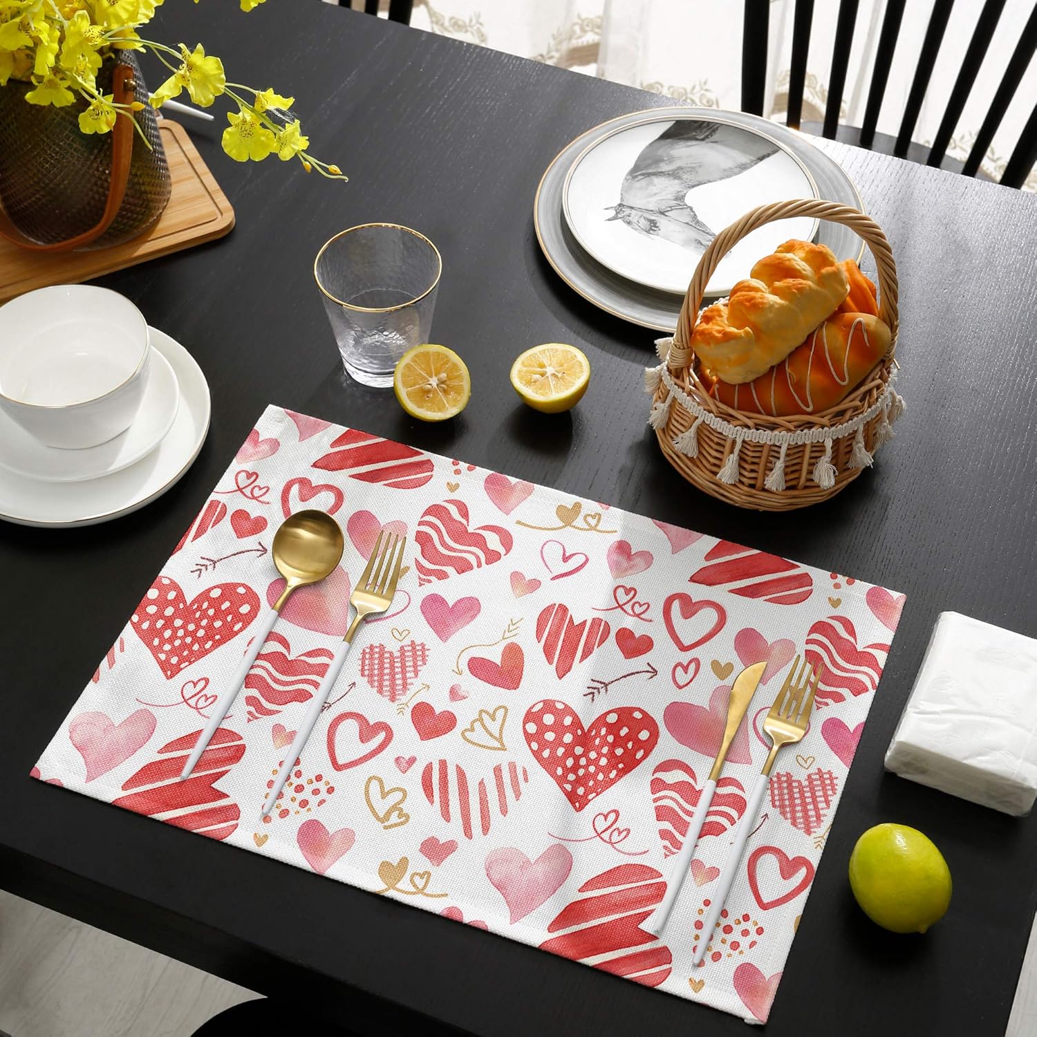 Valentines Placemats Set of 6 Heart Pink Red Place Mats for Dining Room Dinner Table Watercolor Romantic Love Arrow Washable Table Mats Kitchen Decorations