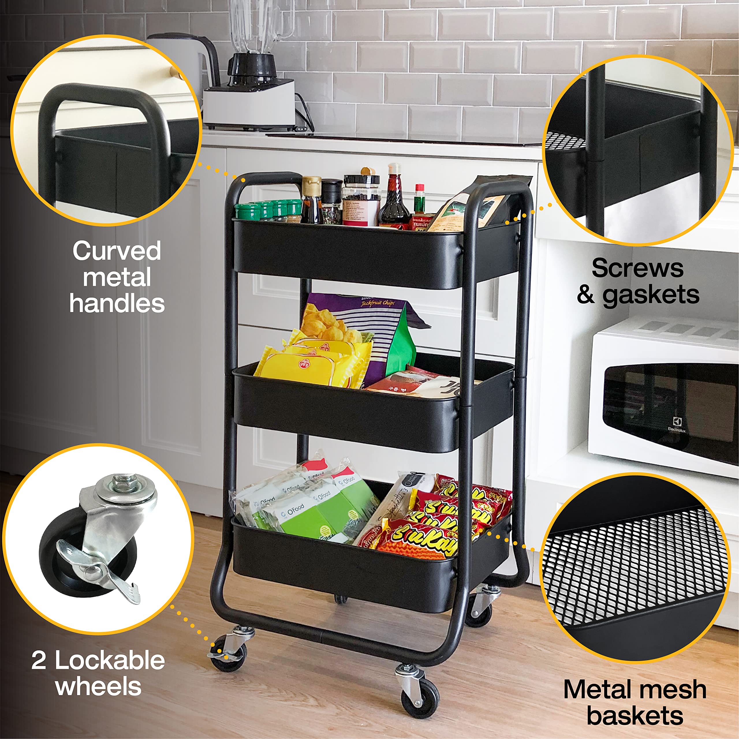 Homestead 3-Tier Rolling Cart - Heavy Duty Metal Rolling Cart, Lockable Casters, Multifunctional Storage Shelves - Great for Kitchen, Office, Bathroom, Laundry Room (Black)